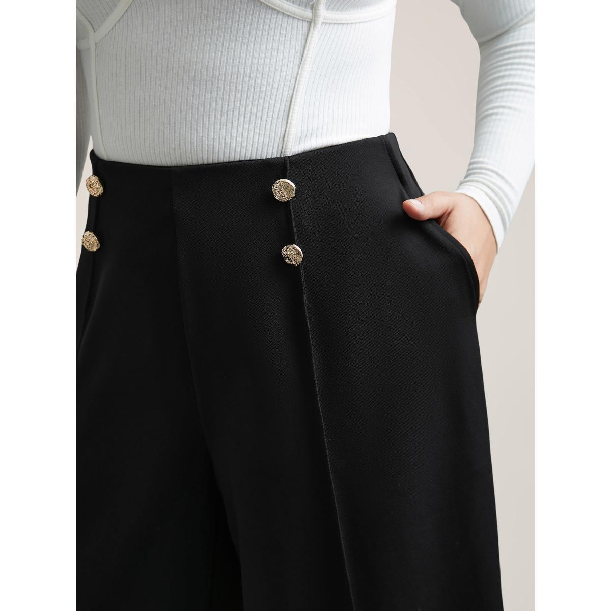 Plus Size No-Gap Waist Seamed Side Button Pants Women Black Workwear Essentials Wide Leg Mid Rise Work Pants BloomChic 28/5X Product Image
