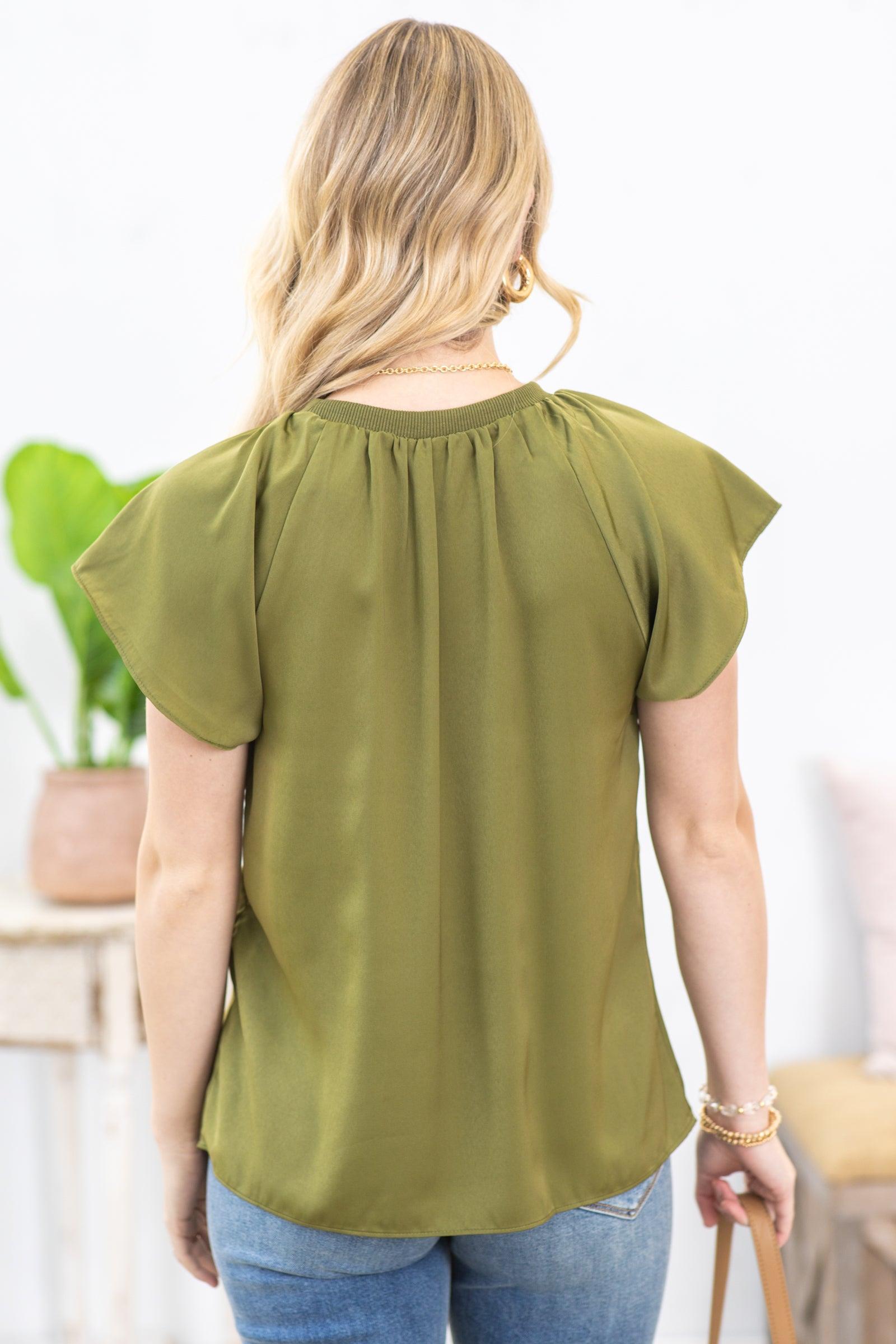 Olive Pleated Flutter Sleeve Satin Woven Top Product Image