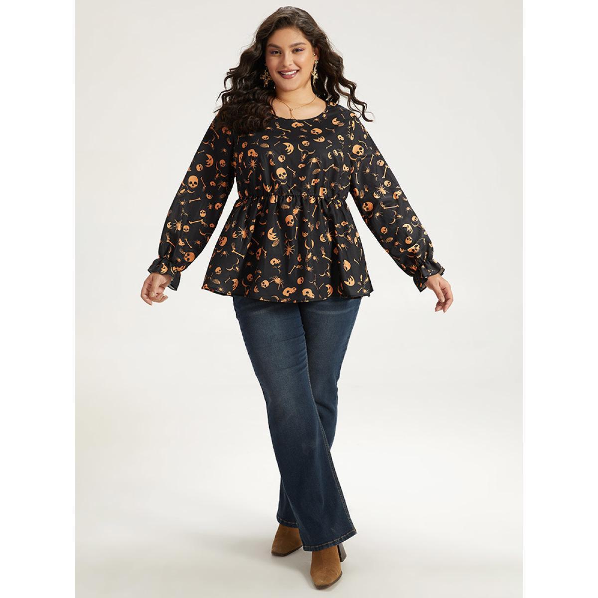 Plus Size Black Halloween Print Elastic Waist Crew Neck Lantern Sleeve Blouse Women Elegant Long Sleeve Round Neck Festival-Halloween Blouses BloomChic 12/L Product Image
