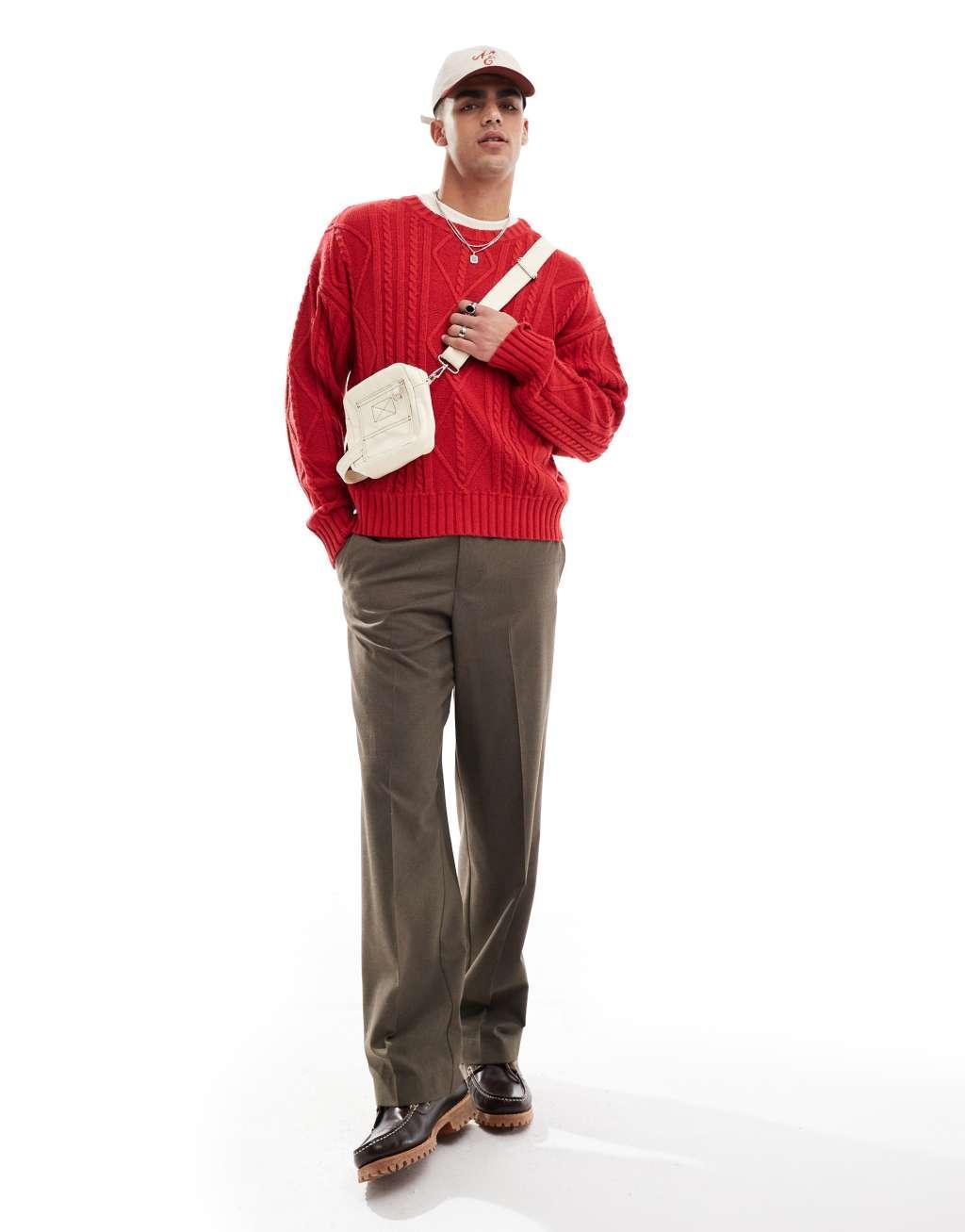 Cotton On cable knit crew neck sweater in red Product Image
