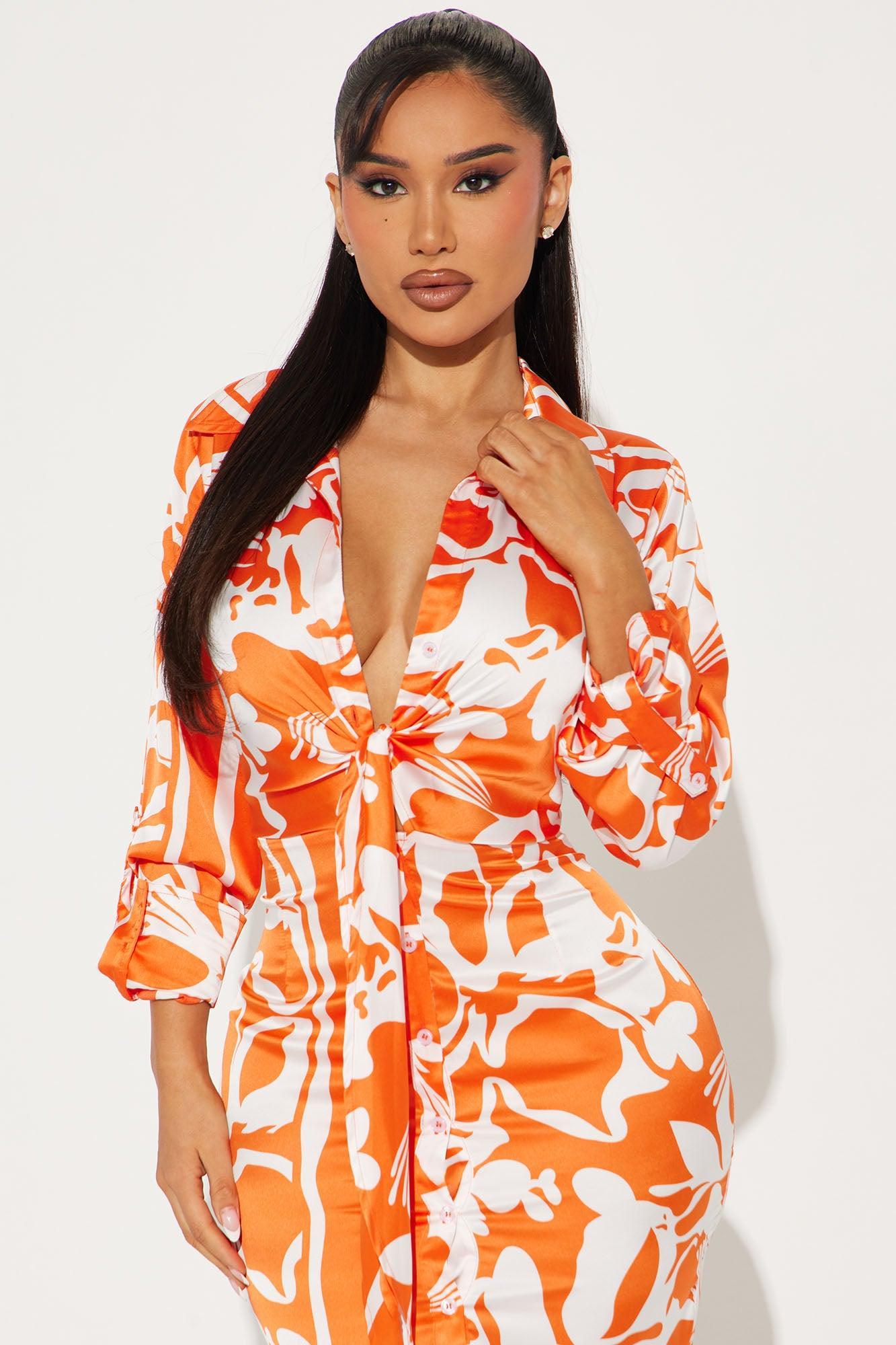 Solani Satin Shirt Midi Dress - Orange/combo Product Image