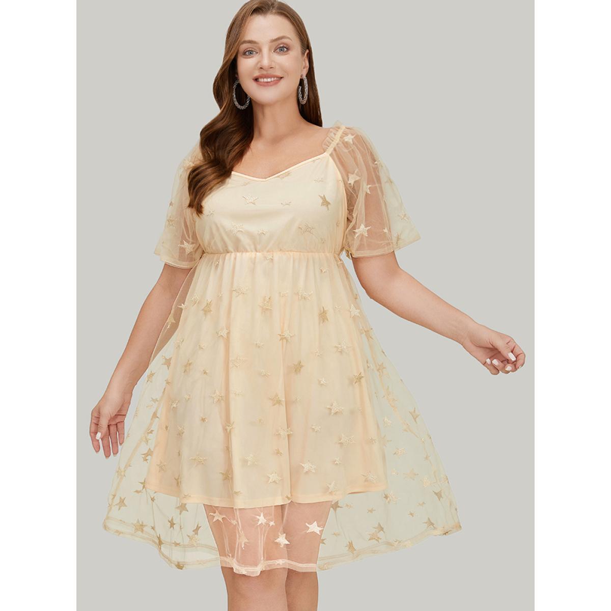 Plus Size Star Embroidered Mesh Ruffle Sleeve Frill Trim Dress Beige Women Glamour Lined V-neck Short sleeve Curvy Knee Dress BloomChic 14-16/1X Product Image