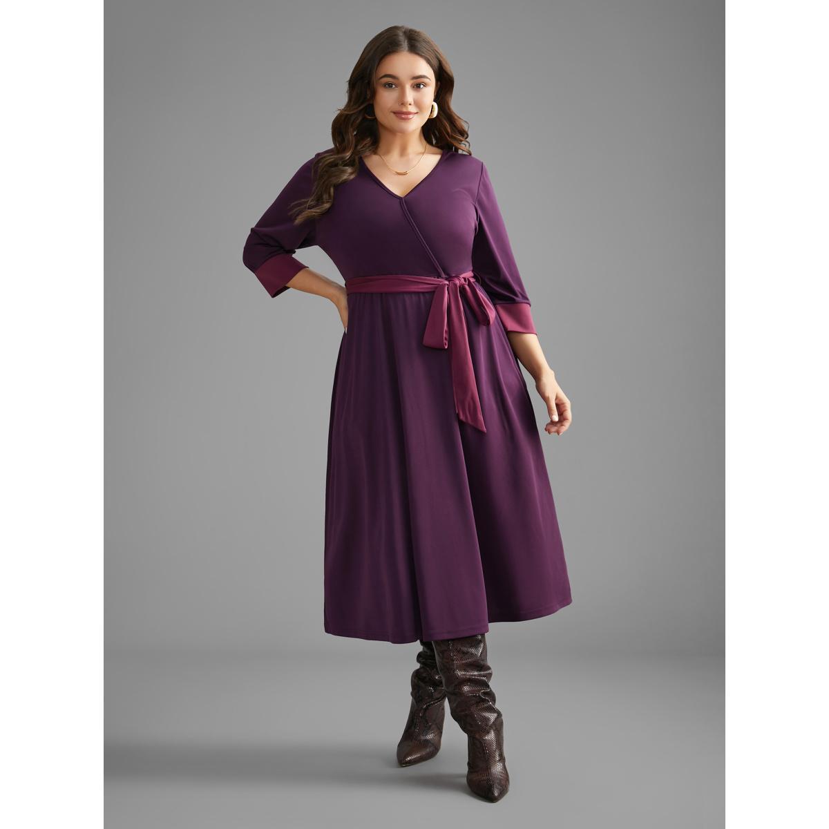 Plus Size Overlap Collar Contrast Belted Midi Dress Deeppurplered Women Elegant Belted Overlap Collar Elbow-length sleeve Curvy BloomChic 28/5X Product Image