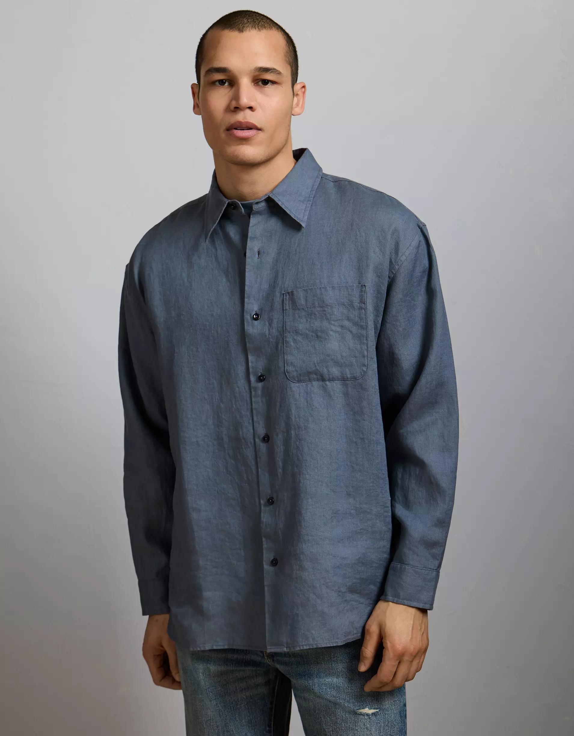 AE77 Premium Relaxed Linen Button-Up Shirt Product Image
