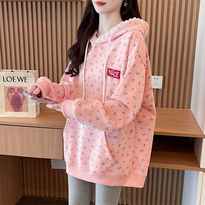 Floral Print Lettering Embroidered Lace Trim Oversized Hoodie Product Image