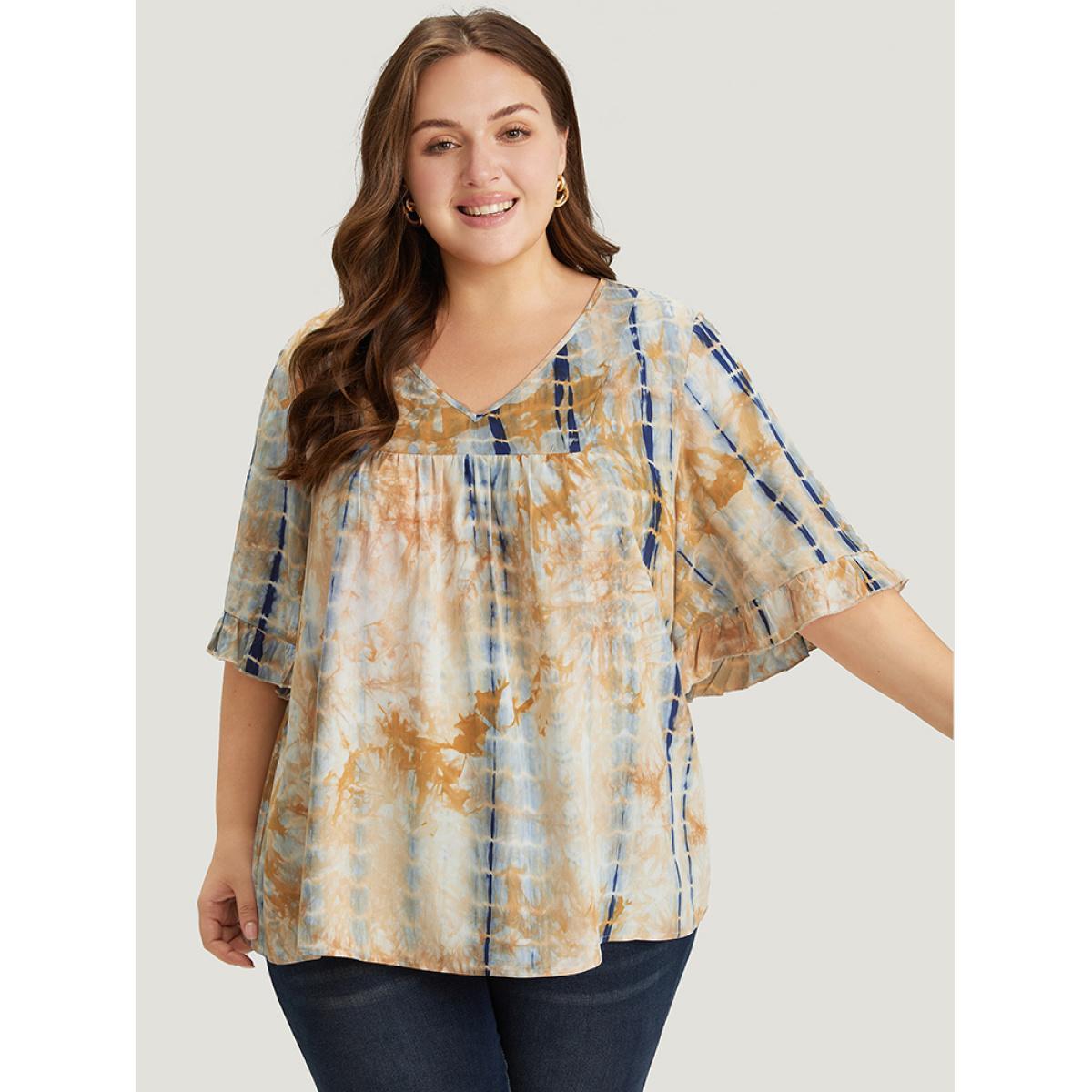 Plus Size Navy Tie Dye V Neck Flounce Sleeve Blouse Women Vacation Half Sleeve V-neck Dailywear Blouses BloomChic 28/5X Product Image