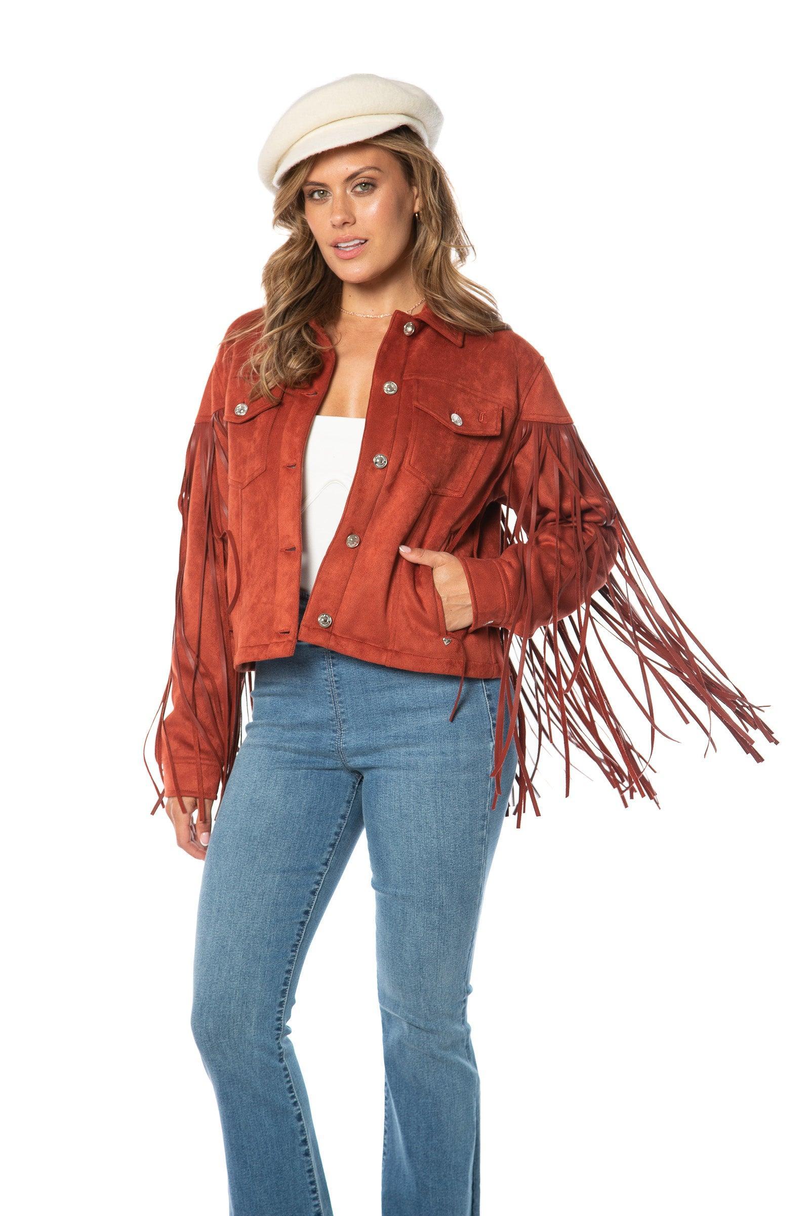 Faux Leather Fringe Trucker Jacket Product Image