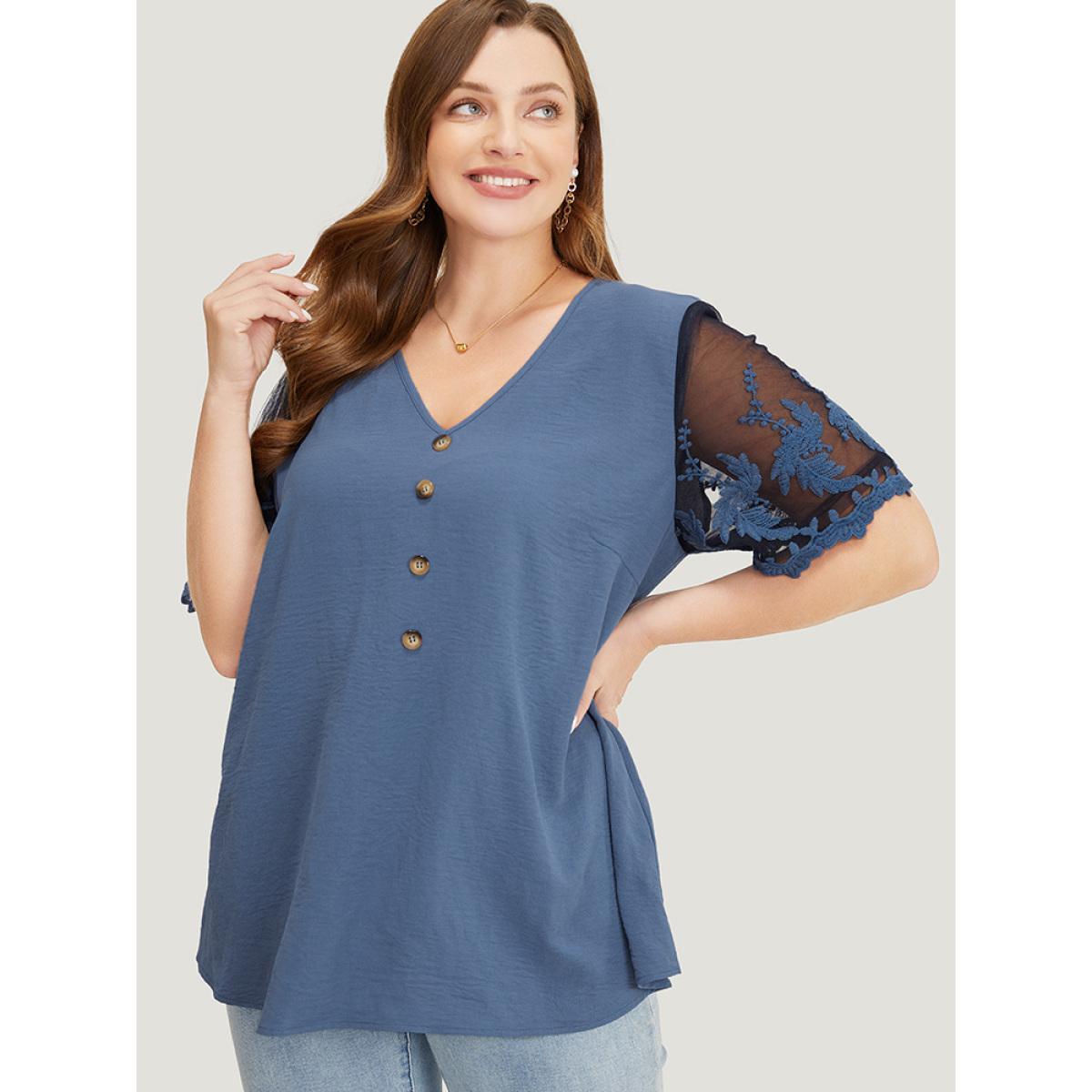 Plus Size Stone Plain Lace Mesh Sleeve Button Detail Blouse Women Elegant Short sleeve V-neck Dailywear Blouses BloomChic 22-24/3X Product Image
