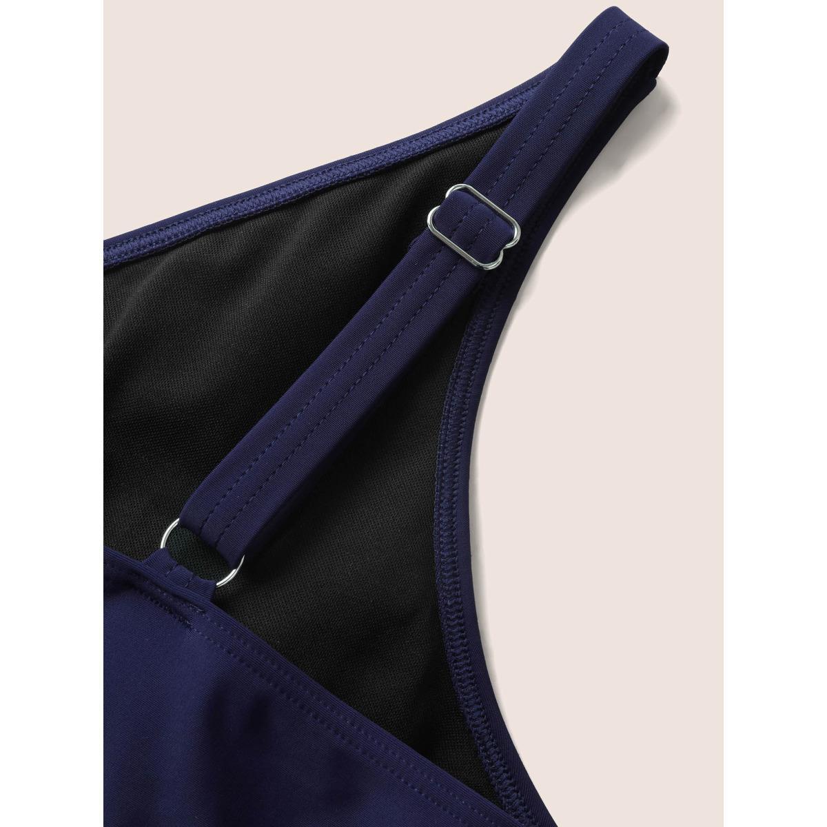Plus Size Overlap Collar Floral Embroidered Contrast Webbing Swim Dress Women's Swimwear Indigo Beach Bodycon Overlap Collar High stretch Curve Swim Dresses BloomChic 14-16/1X Product Image