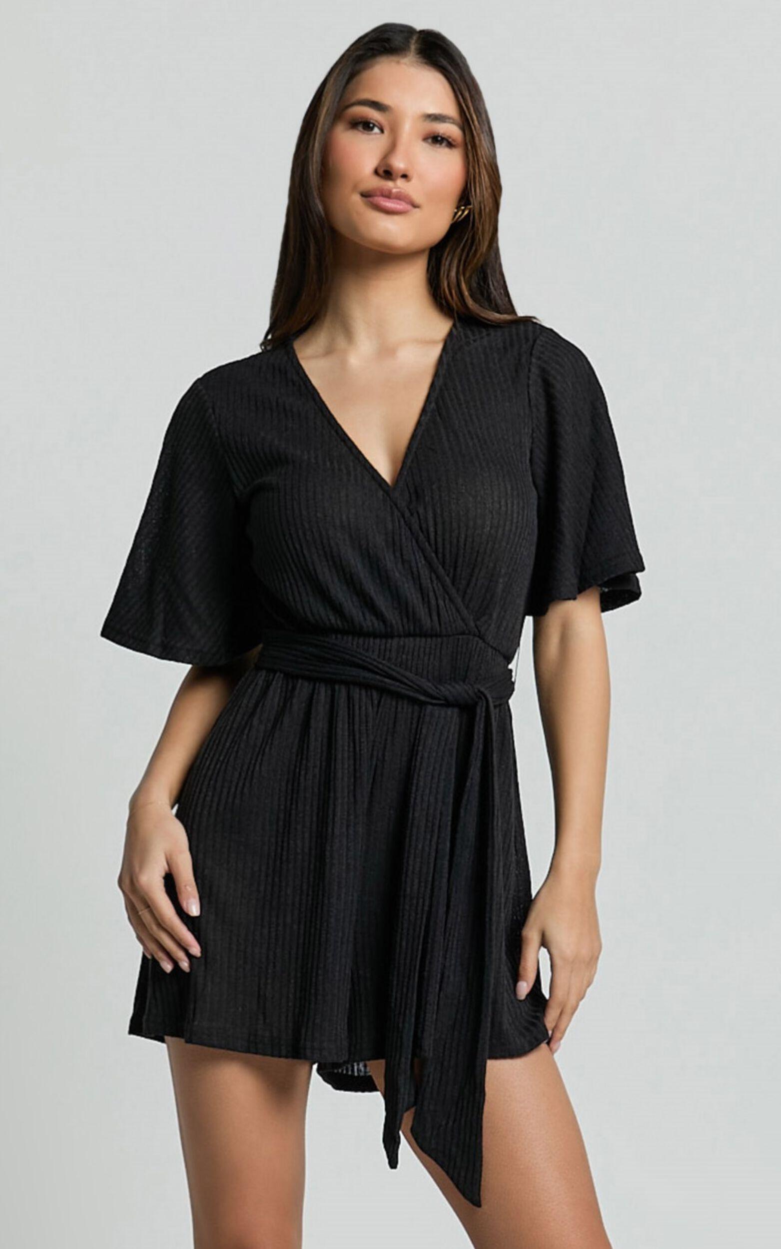 Cecilia Playsuit - Short Sleeve Belted Wrap Playsuit in Black Product Image