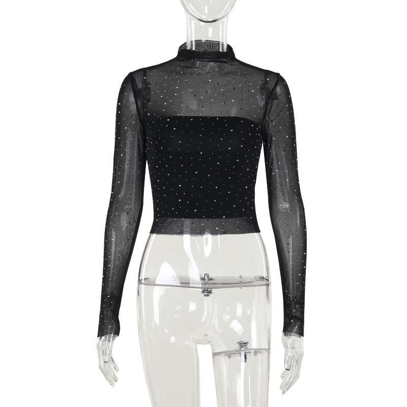 Long-Sleeve Mock Neck Rhinestone Mesh Crop Top Product Image