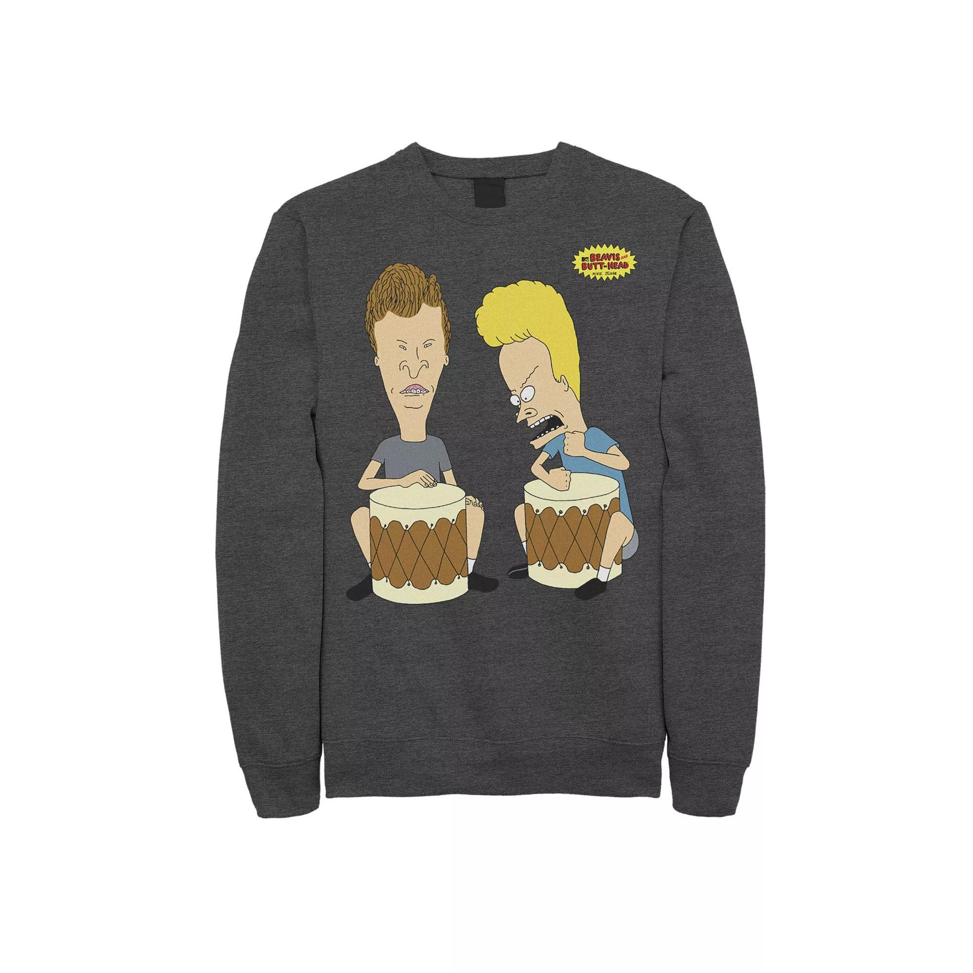 Men's Beavis & Butthead Playing Bongos Portrait Sweatshirt, Size: Medium, Grey Heather Product Image