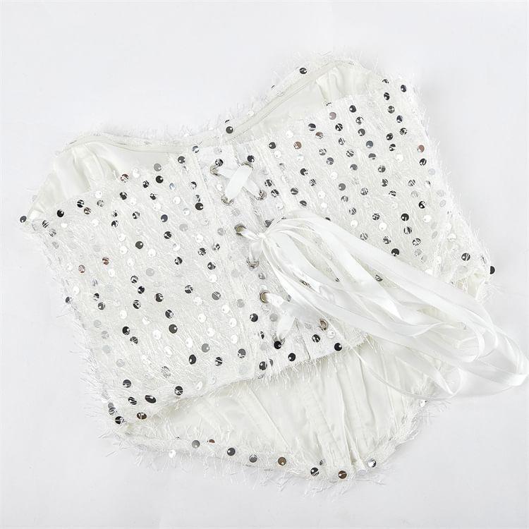 Sequin Fringed Lace-Up Back Bustier Top Product Image