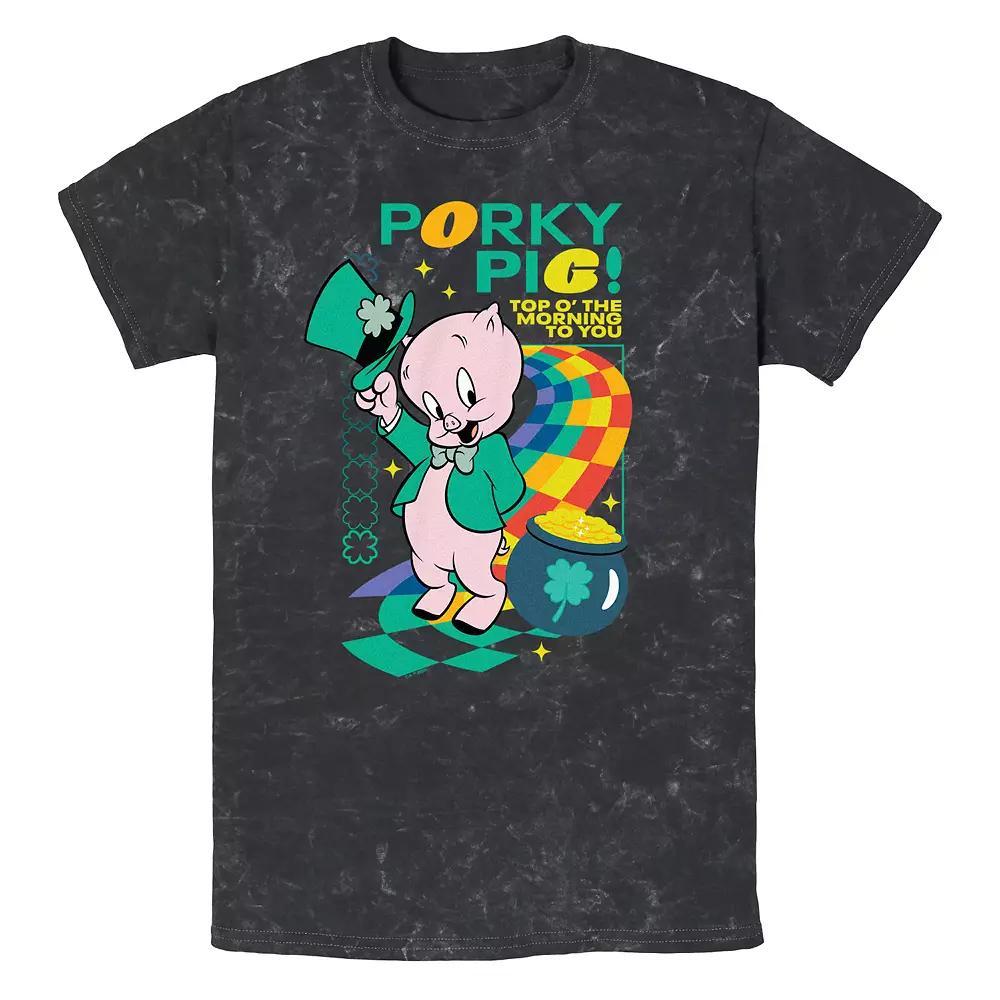 Men's Looney Tunes Porky Pig Top O' The Morning Mineral Wash Graphic Tee, Size: Medium, Black Product Image