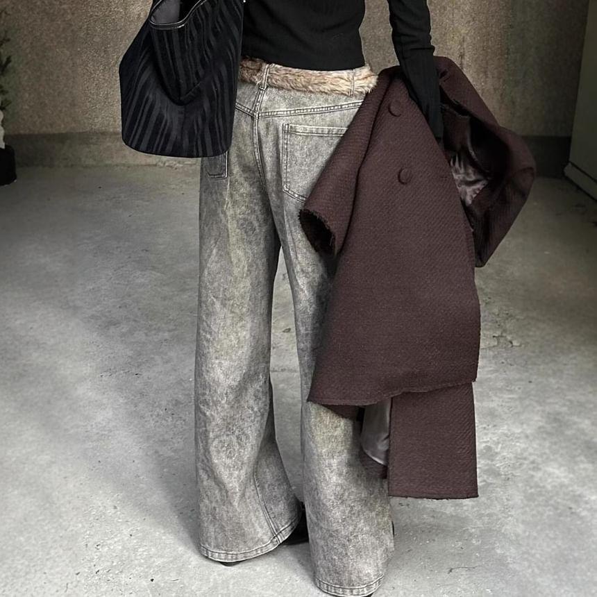 Mid Waist Leopard Print Washed Wide Leg Jeans Product Image
