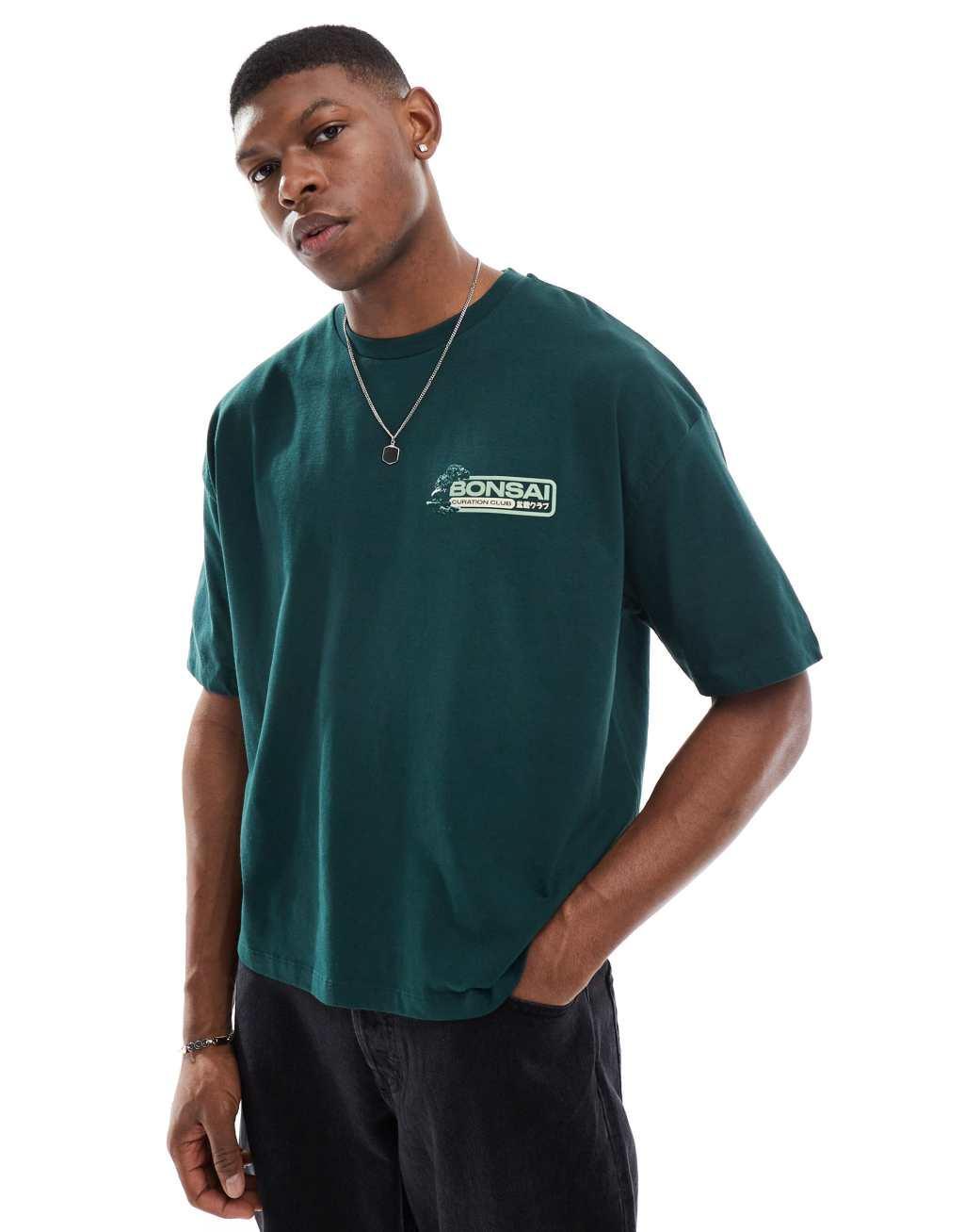 ASOS DESIGN boxy oversized T-shirt with bonsai graphic in dark green Product Image