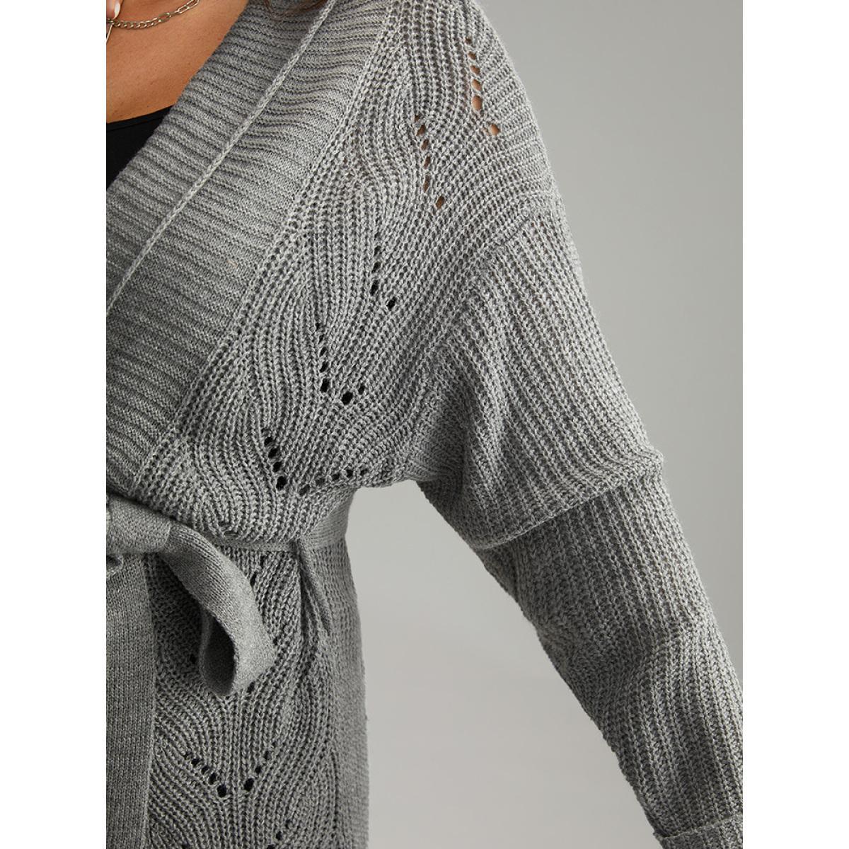 Plus Size Plain Split Hem Ties Texture Cardigan Gray Women Casual Loose Long Sleeve Dailywear Cardigans BloomChic 30/6X Product Image