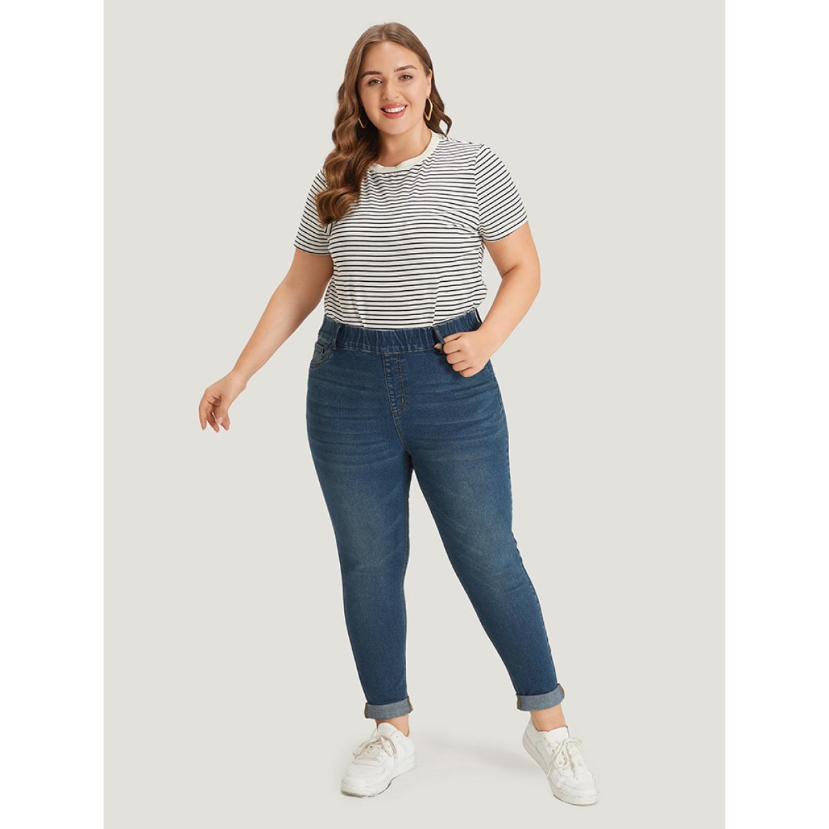 Plus Size Plain Elastic Waist Medium Wash Roll Hem Jeans Women Indigo Casual Plain Plain High stretch Pocket Jeans BloomChic 24/3X Product Image