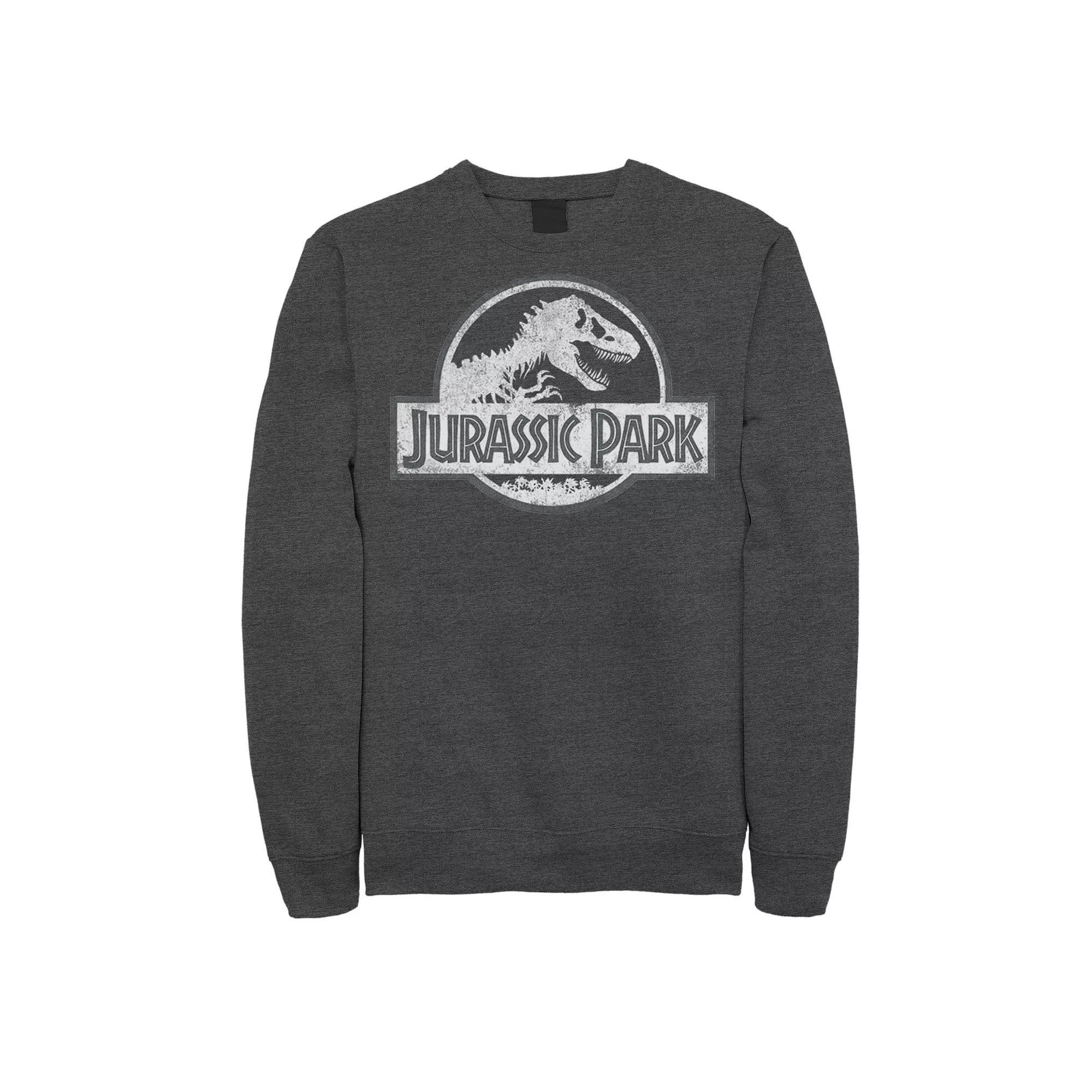 Mens Jurassic Park White Distressed Circle Logo Fleece Graphic Pullover Athletic Grey Product Image