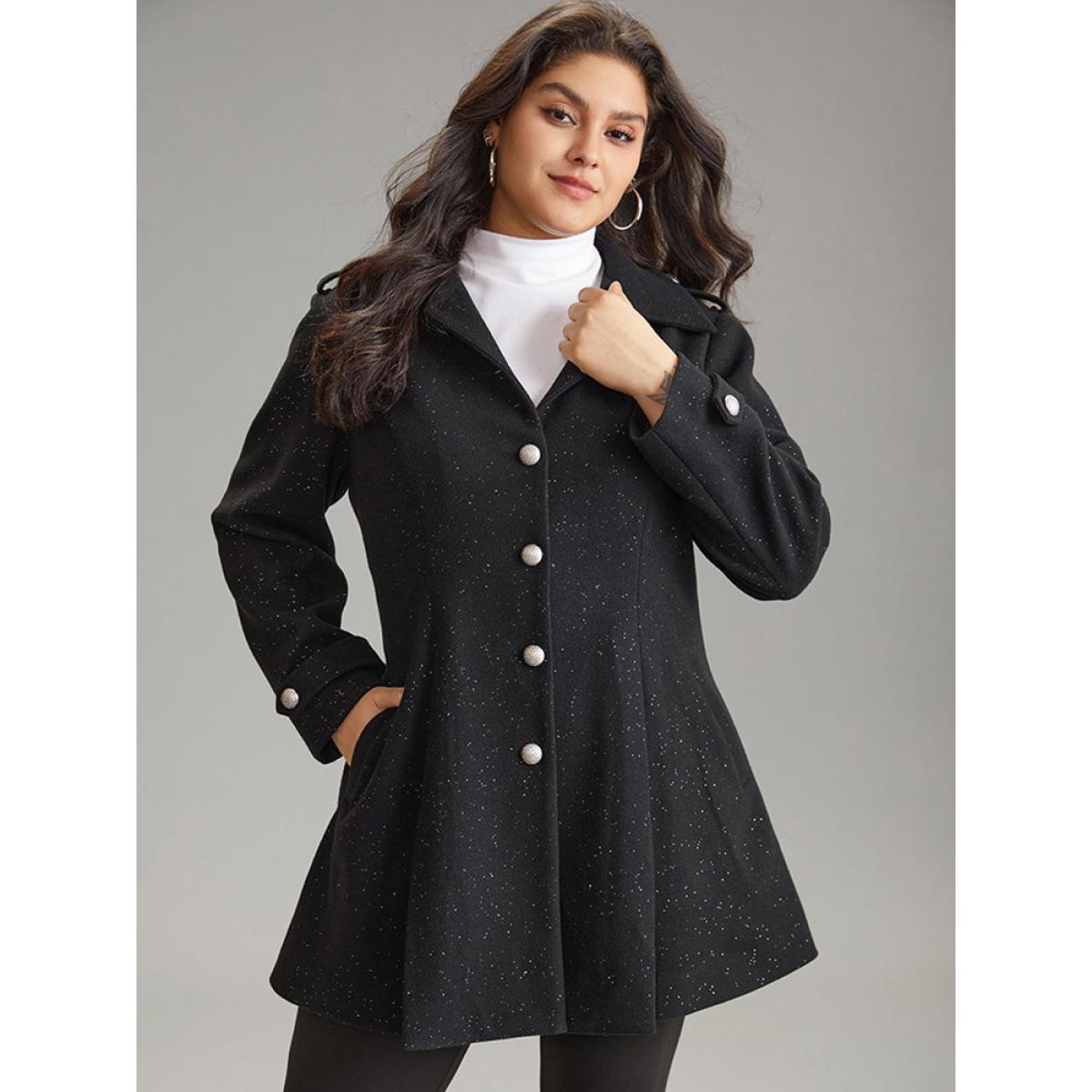 Plus Size Plain Sequin Button Through Plicated Detail Coat Women Black Casual Sequin Ladies Dailywear Winter Coats BloomChic 22-24/3X Product Image
