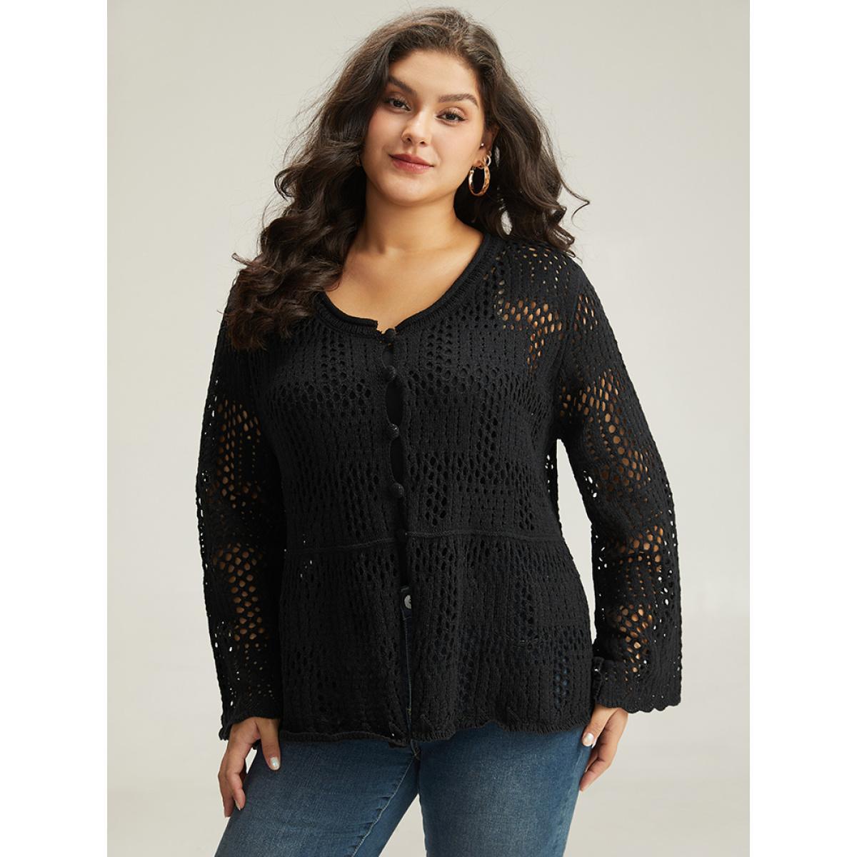Plus Size Plain Hollow Out Button Through Bell Sleeve Cardigan Black Women Casual Loose Long Sleeve Everyday Cardigans BloomChic 22-24/3X Product Image