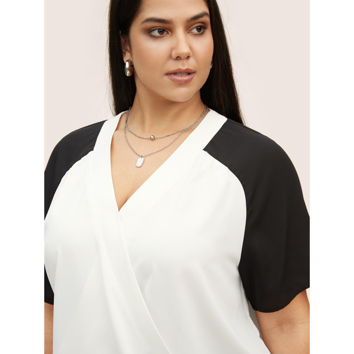 Plus Size White Two Tone Wrap Raglan Sleeve Blouse Women At the Office Short sleeve Overlap Collar Work Blouses BloomChic 22-24/3X Product Image