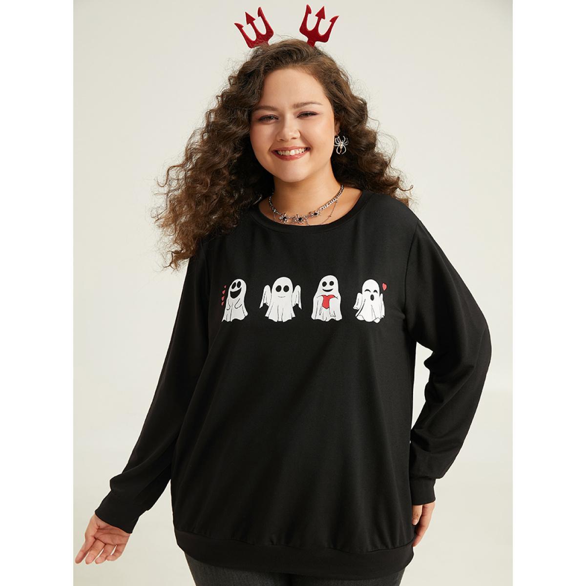 Plus Size Halloween Print Crew Neck Sweatshirt Women Black Casual Printed Festival-Halloween Sweatshirts BloomChic 14-16/1X Product Image