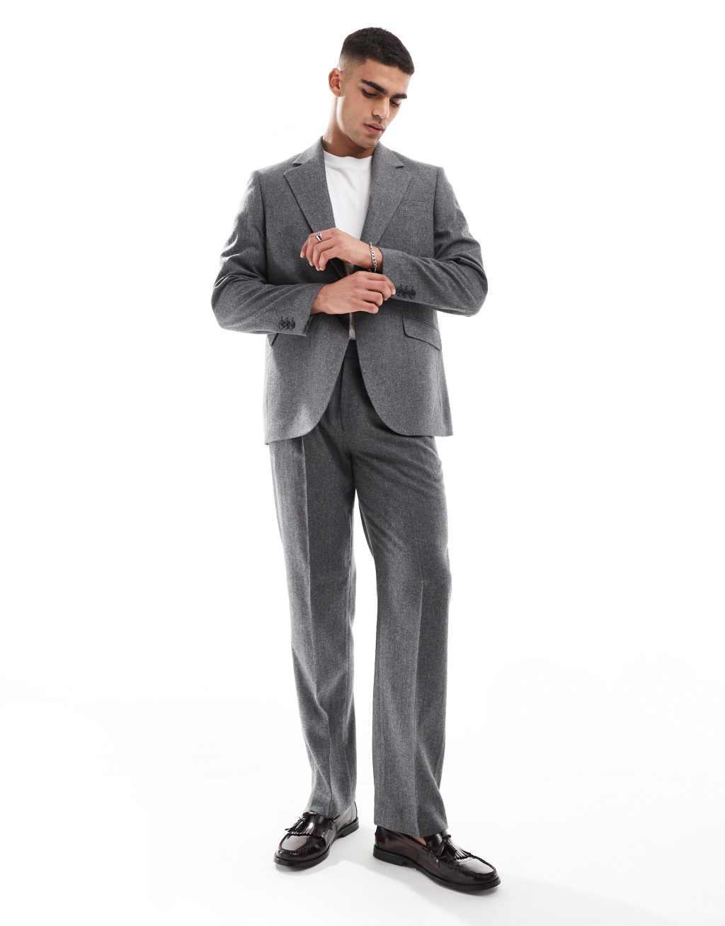ASOS DESIGN regular flannel wool mix suit jacket in heathered charcoal Product Image