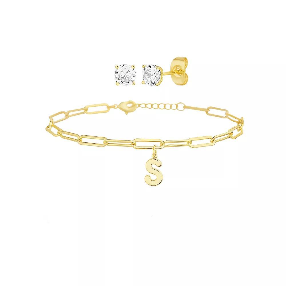 Paige Harper 14k Gold Plated Initial Charm Bracelet & Cubic Zirconia Stud Earring Set, Womens Gold Tone S Product Image