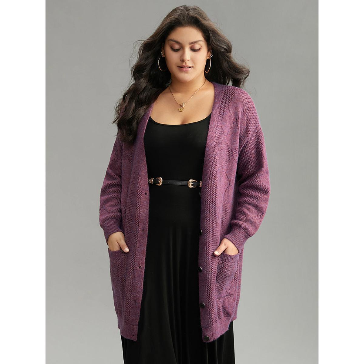 Plus Size Geometric Heather Pocket Button Up Cardigan Purple Women Casual Loose Long Sleeve Dailywear Cardigans BloomChic 14-16/1X Product Image