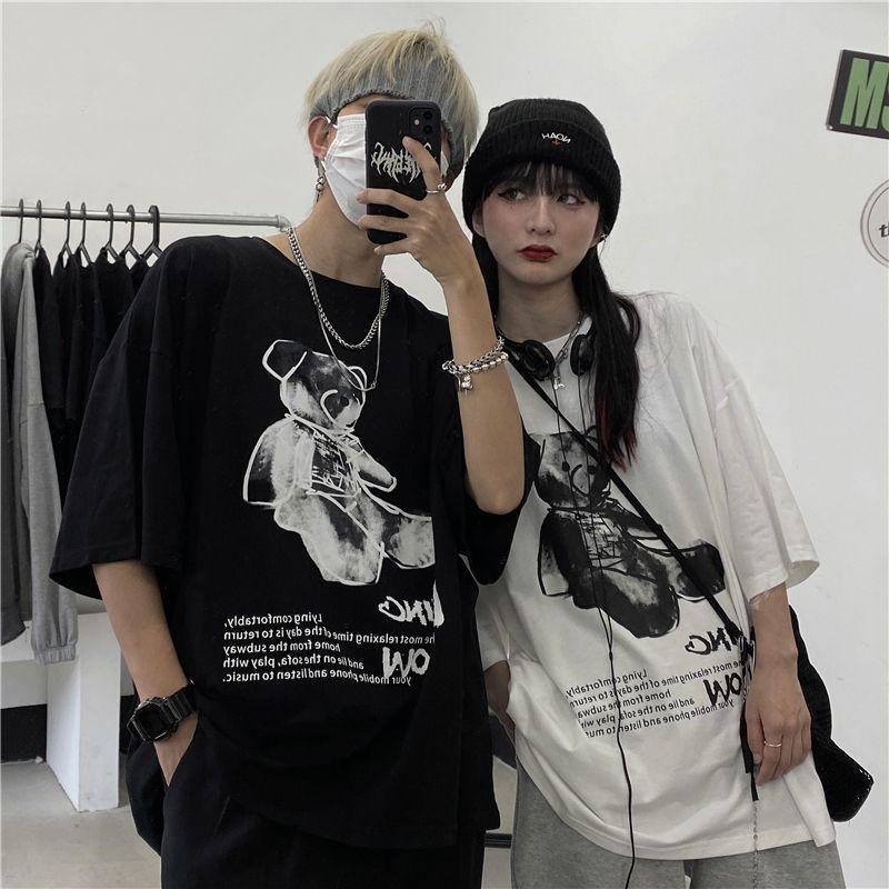 Oversized Lettering Teddy Bear Elbow-Sleeve T-Shirt Product Image