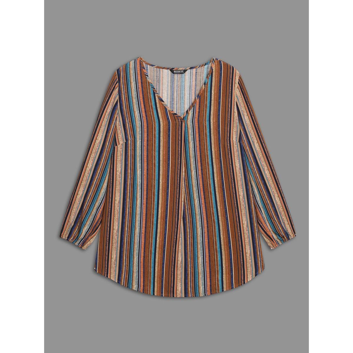 Plus Size Multicolor Contrast Striped Pocket Lantern Sleeve Blouse Women Elegant Extra Long Sleeve V-neck Everyday Blouses BloomChic 18-20/2X Product Image