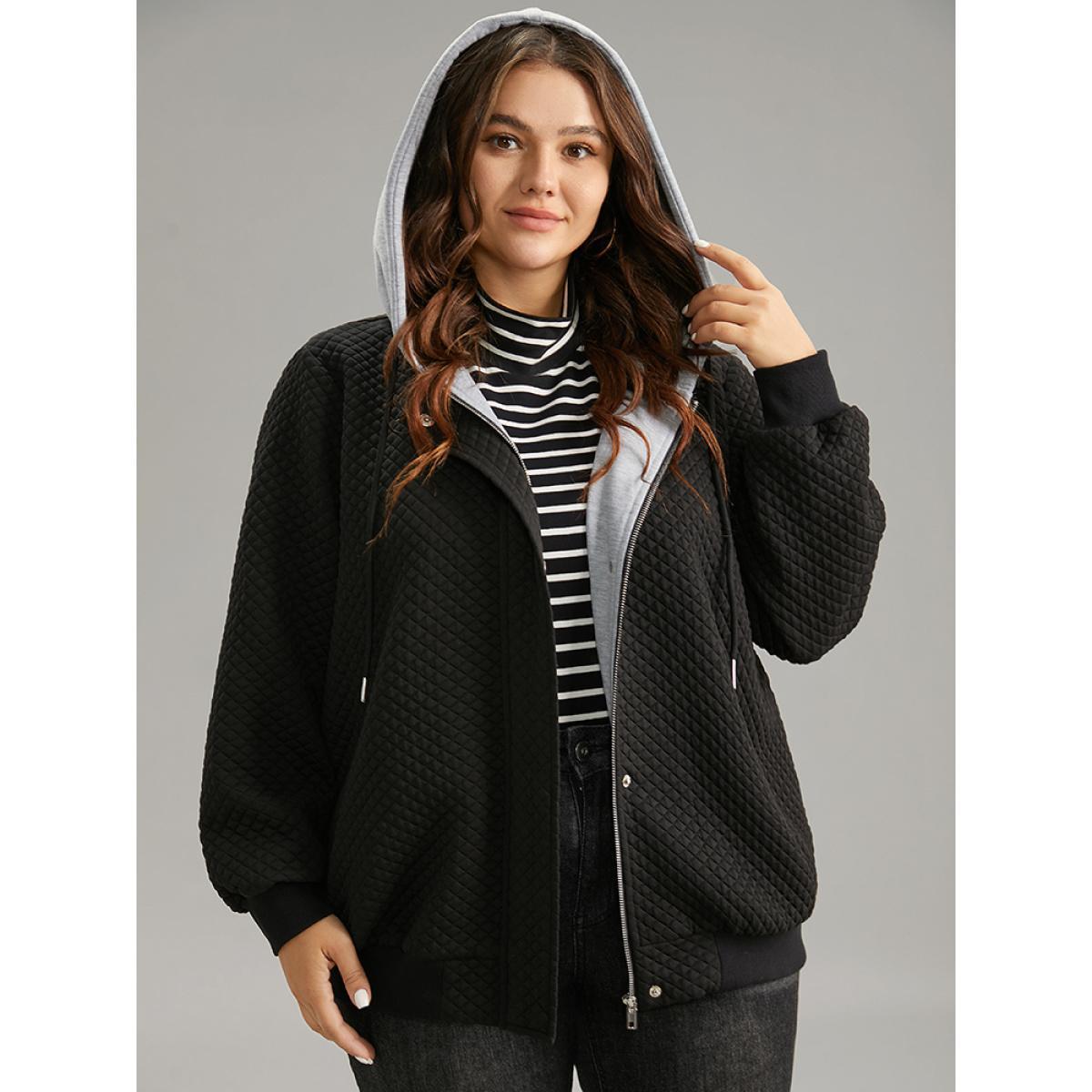 Plus Size Contrast Hooded Drawstring Pocket Zipper Fly Coat Women Black Rib Knit Pocket Dailywear Jackets BloomChic 28/5X Product Image