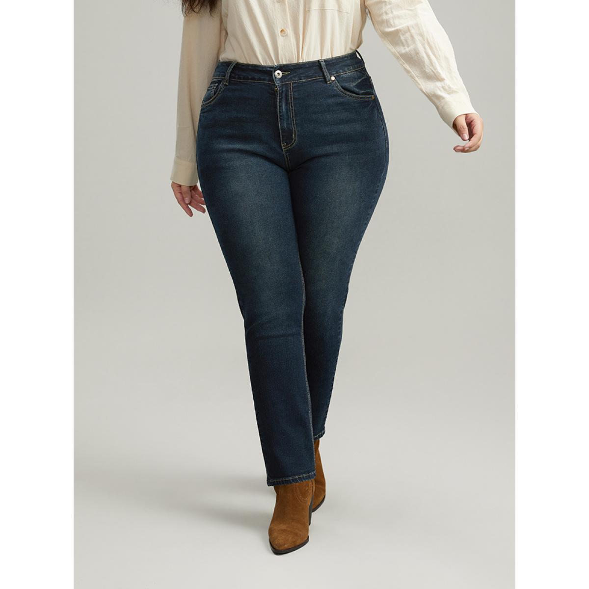 Plus Size Dark Wash Straight Leg High Rise Jeans Women Indigo Casual Plain Plain High stretch Pocket Jeans BloomChic 30/6X Product Image