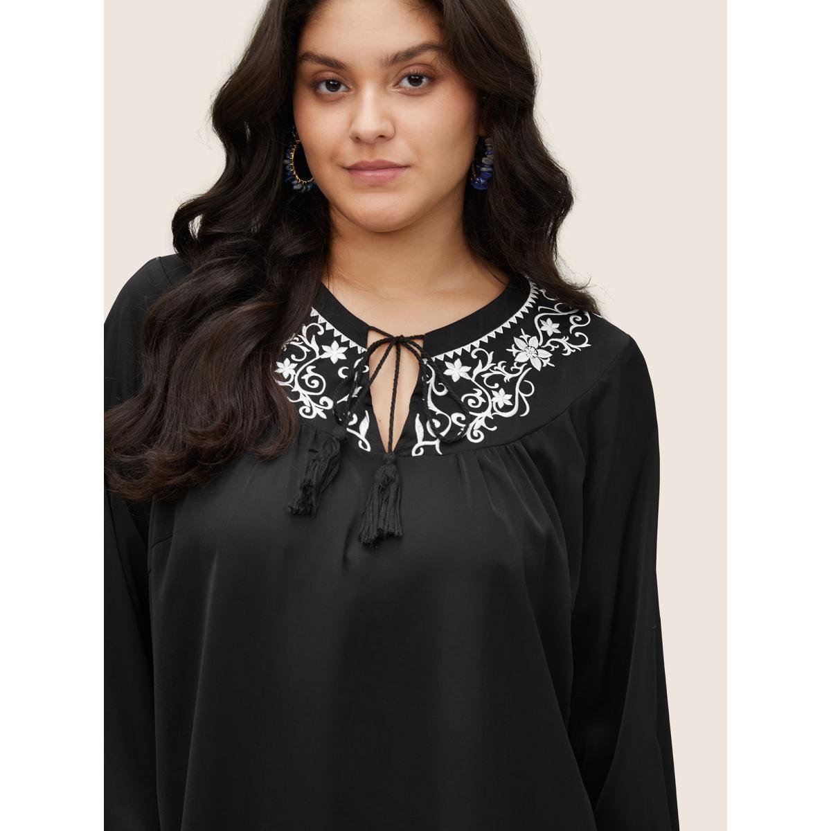 Plus Size Black Boho Print Tie Neck Tassels Lantern Sleeve Blouse Women Casual Long Sleeve Tie Neck Vacation Blouses BloomChic 18-20/2X Product Image