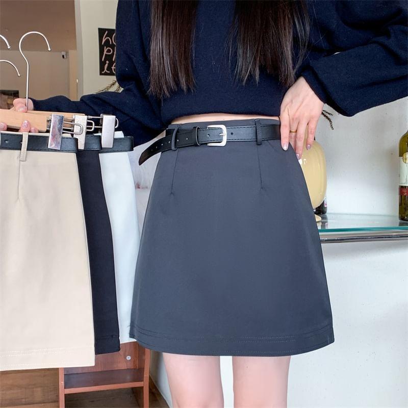 Set: High Waist Plain Mini A-Line Skirt + Belt Product Image