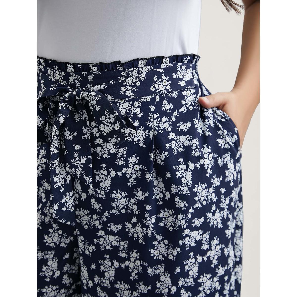 Plus Size Floral Print Waist Stretchy Wide Leg Pants Women Indigo Casual Wide Leg Mid Rise Everyday Pants BloomChic 30/6X Product Image