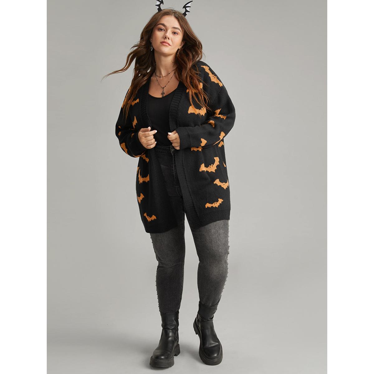 Plus Size Halloween Bat Graphic Open Front Cardigan Black Women Casual Loose Long Sleeve Festival-Halloween Cardigans BloomChic 14-16/1X Product Image