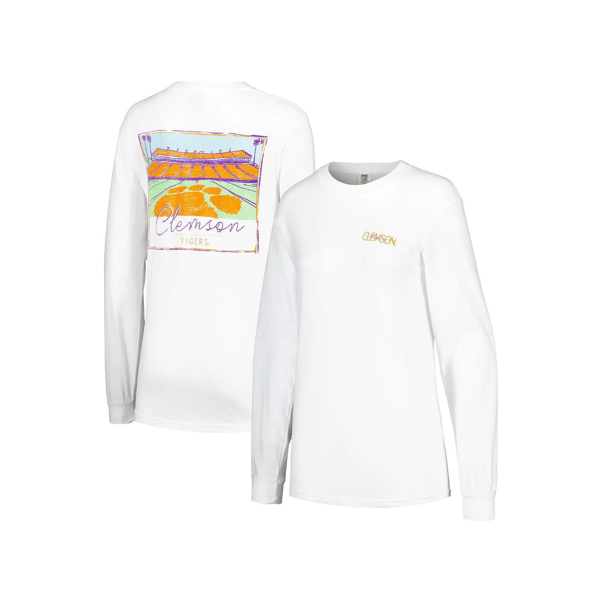 Women's White Clemson Tigers Hand-Drawn Stadium Comfort Colors Oversized Long Sleeve T-Shirt, Size: Small Product Image