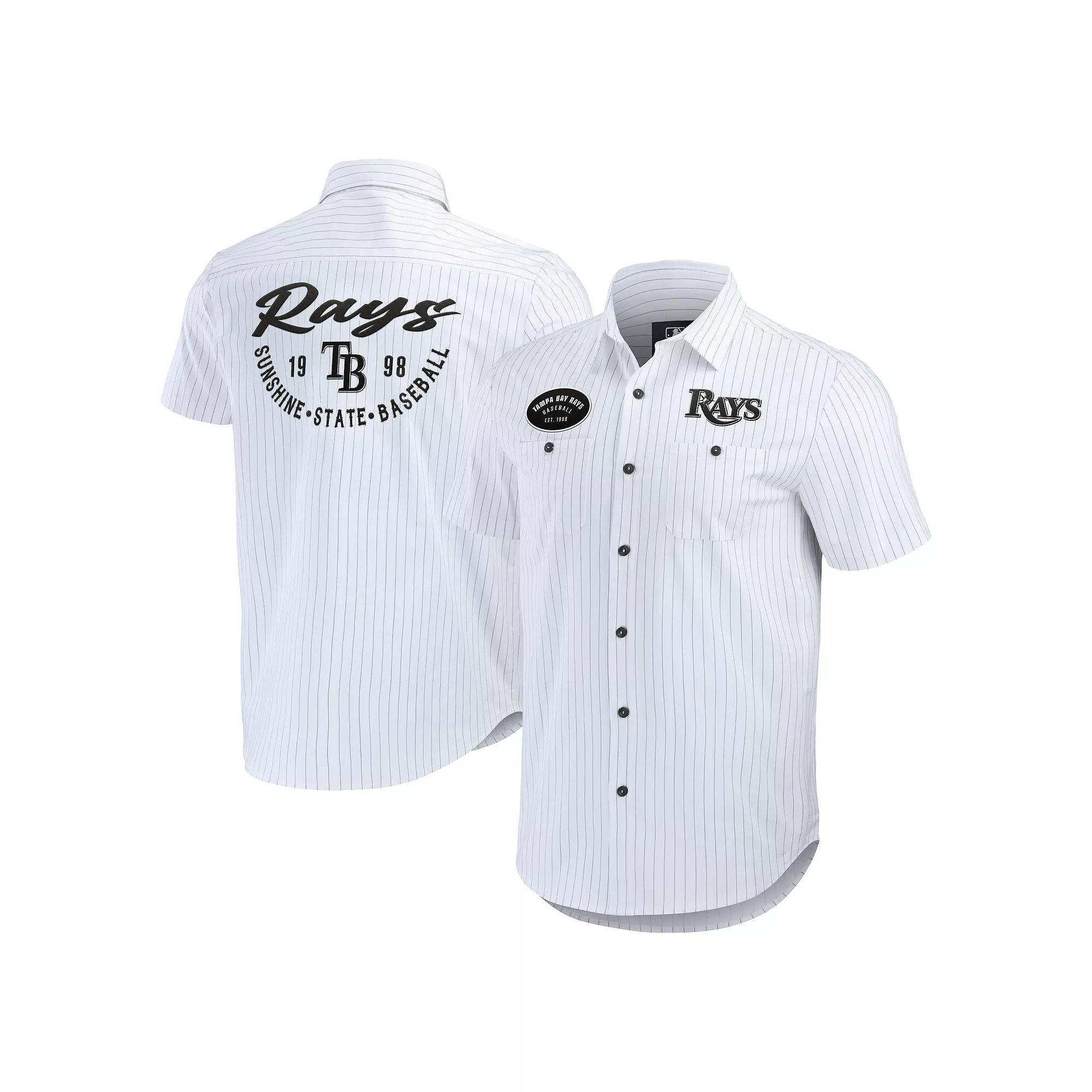 Men's Darius Rucker Collection by Fanatics White Tampa Bay Rays Pin Stripe Short Sleeve Button-Up Shirt, Size: Medium Product Image