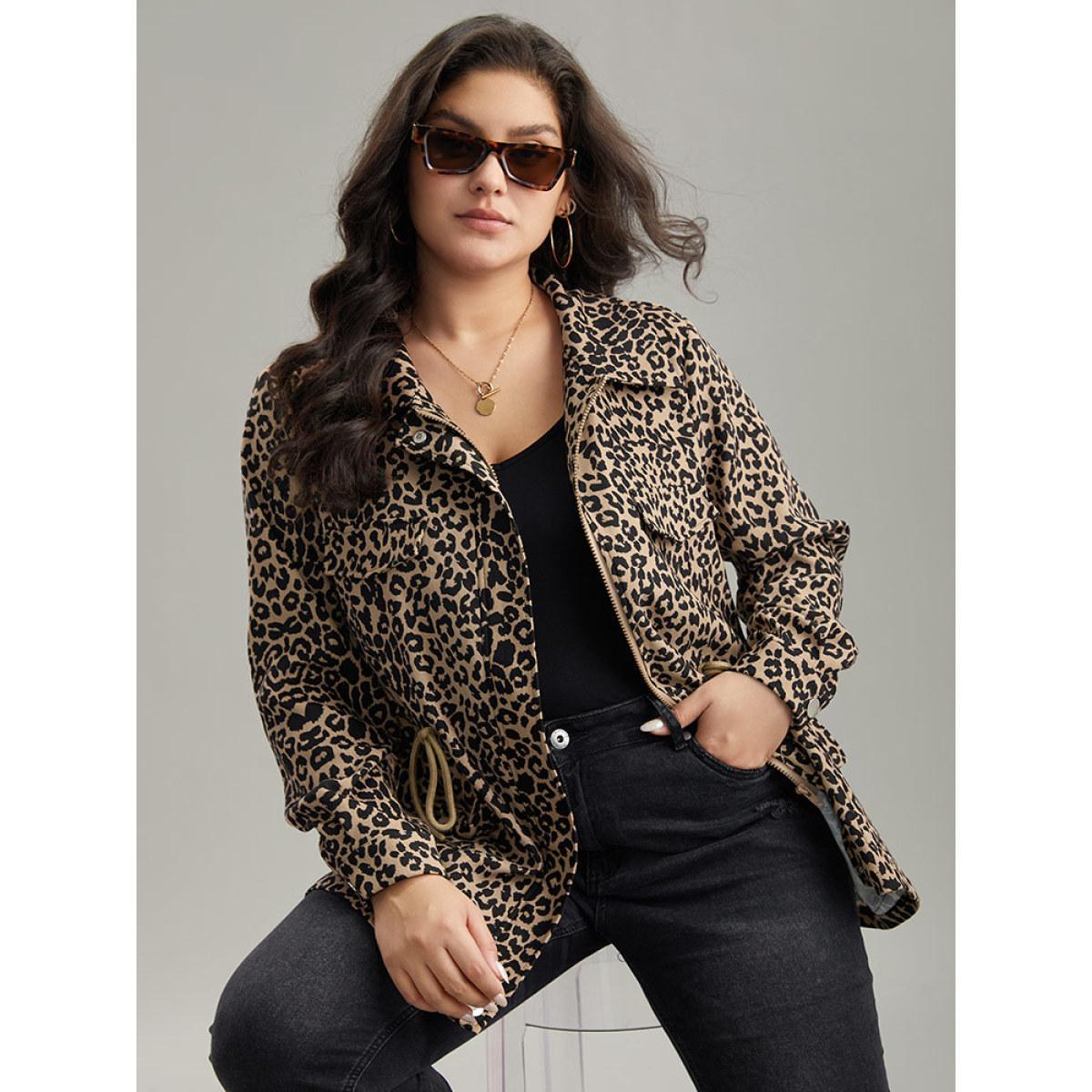 Plus Size Leopard Zipper Drawstring Knot Pocket Jacket Women LightBrown Contrast Pocket Dailywear Jackets BloomChic 26/4X Product Image