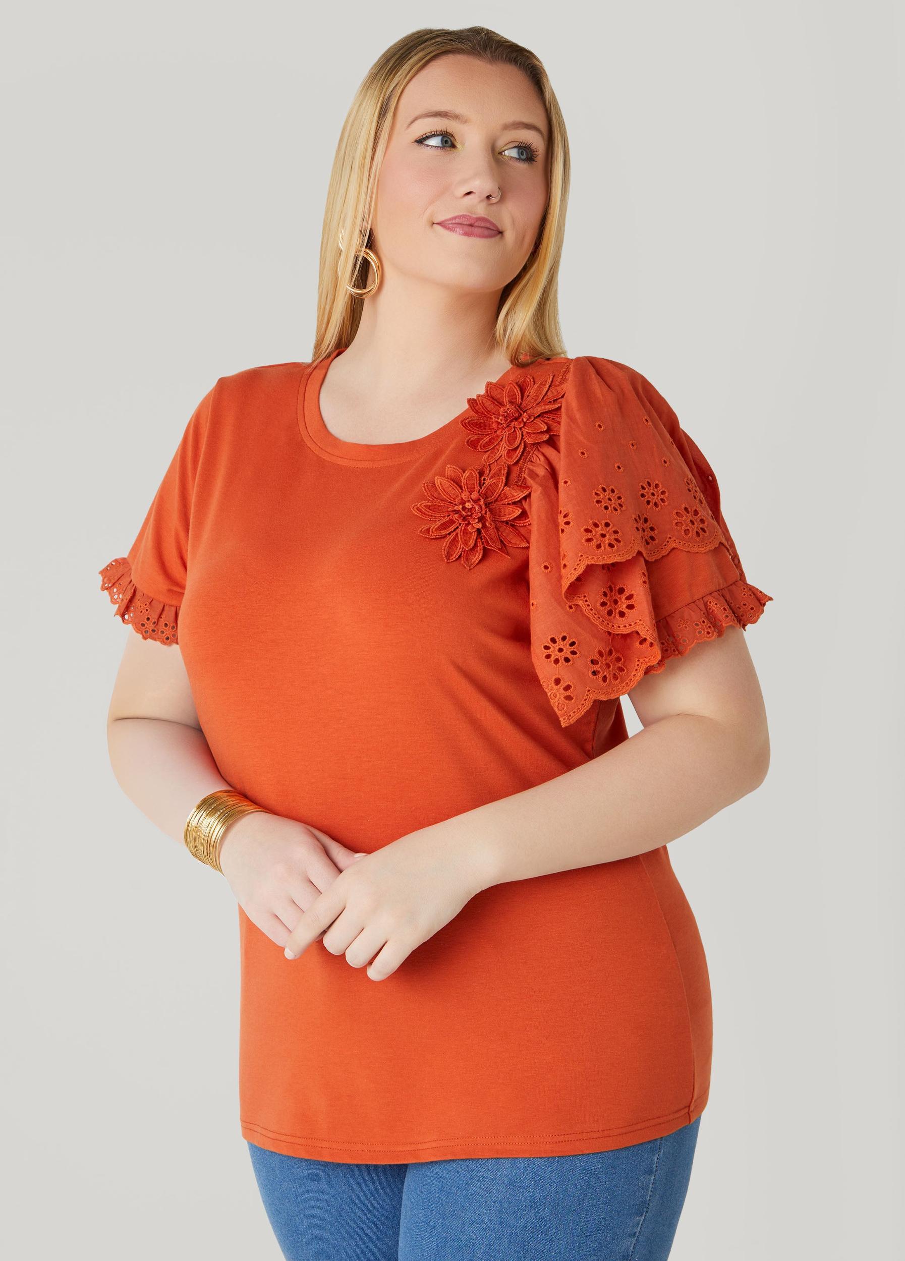 Floral Applique Poplin Paneled Tee Product Image