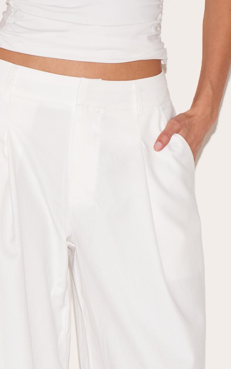 White Woven Double Pleat Wide Leg Pants Product Image