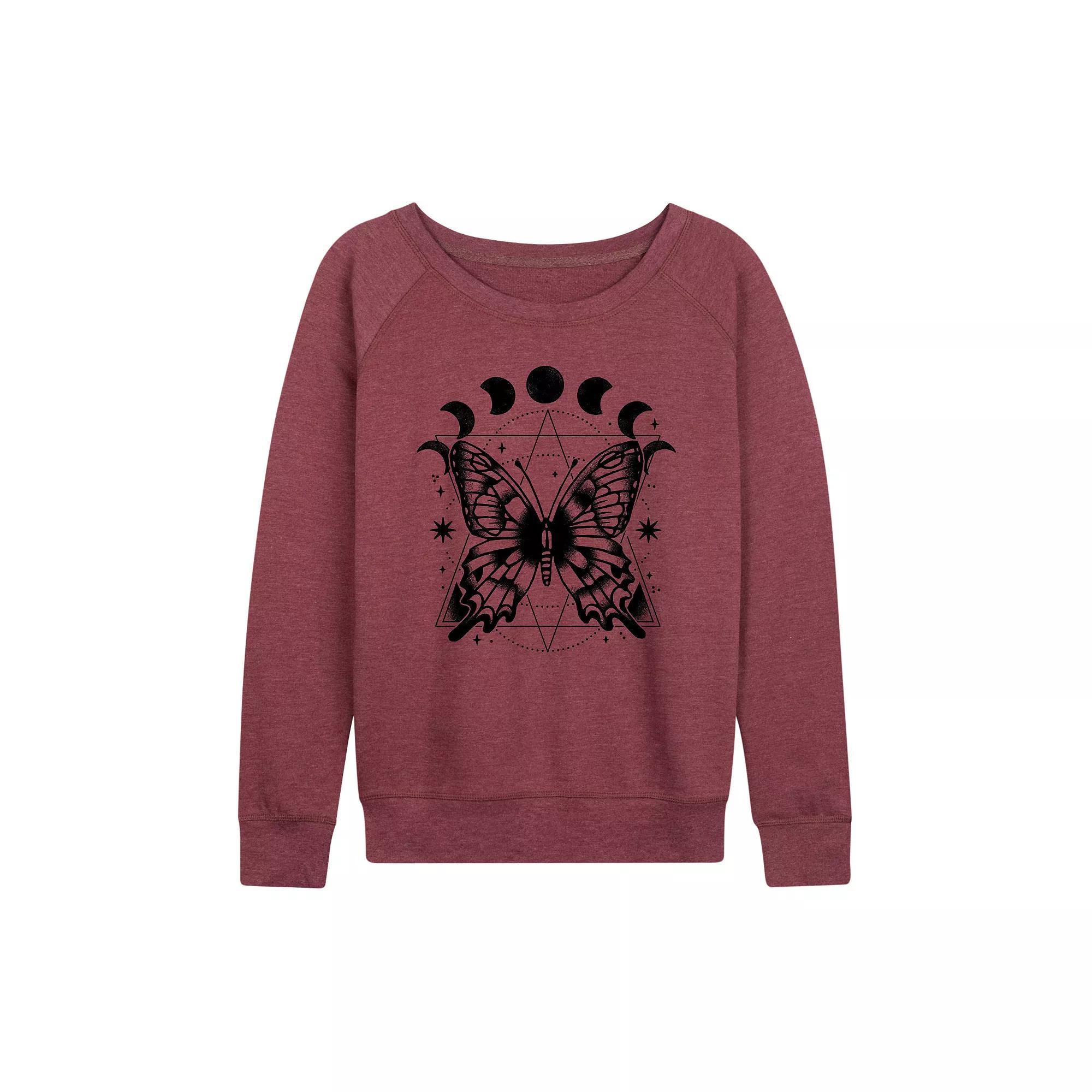 Womens Celestial Butterfly French Terry Long Sleeve Tee Grey Maroon Product Image