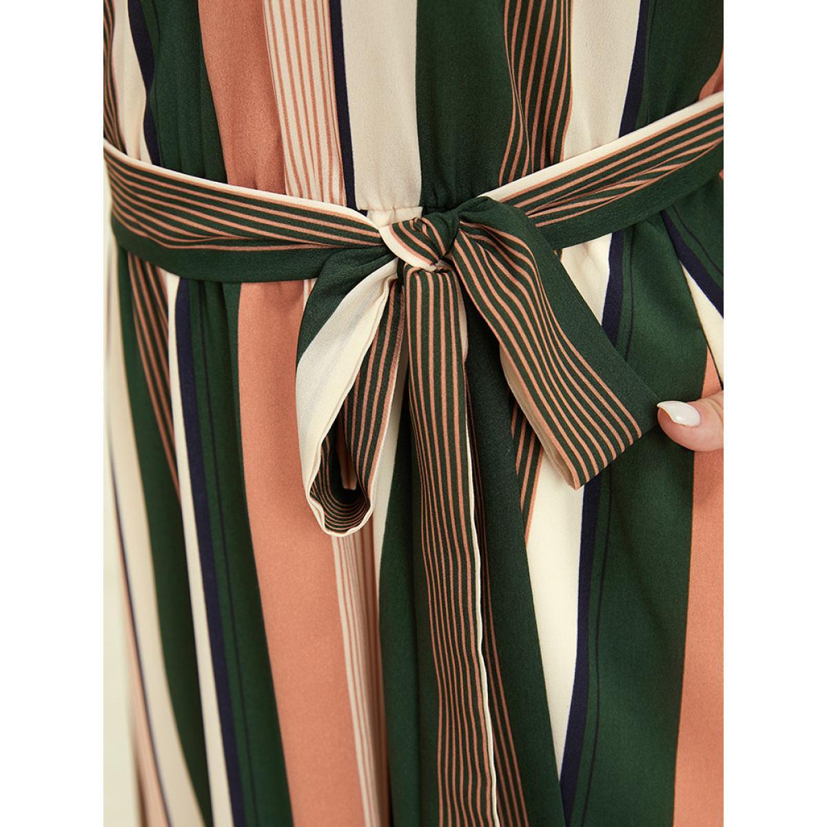 Plus Size Striped Contrast Pocket Belt Arc Hem Zip Up Dress Multicolor Women Office Contrast V-neck Short sleeve Curvy Midi Dress BloomChic 14-16/1X Product Image