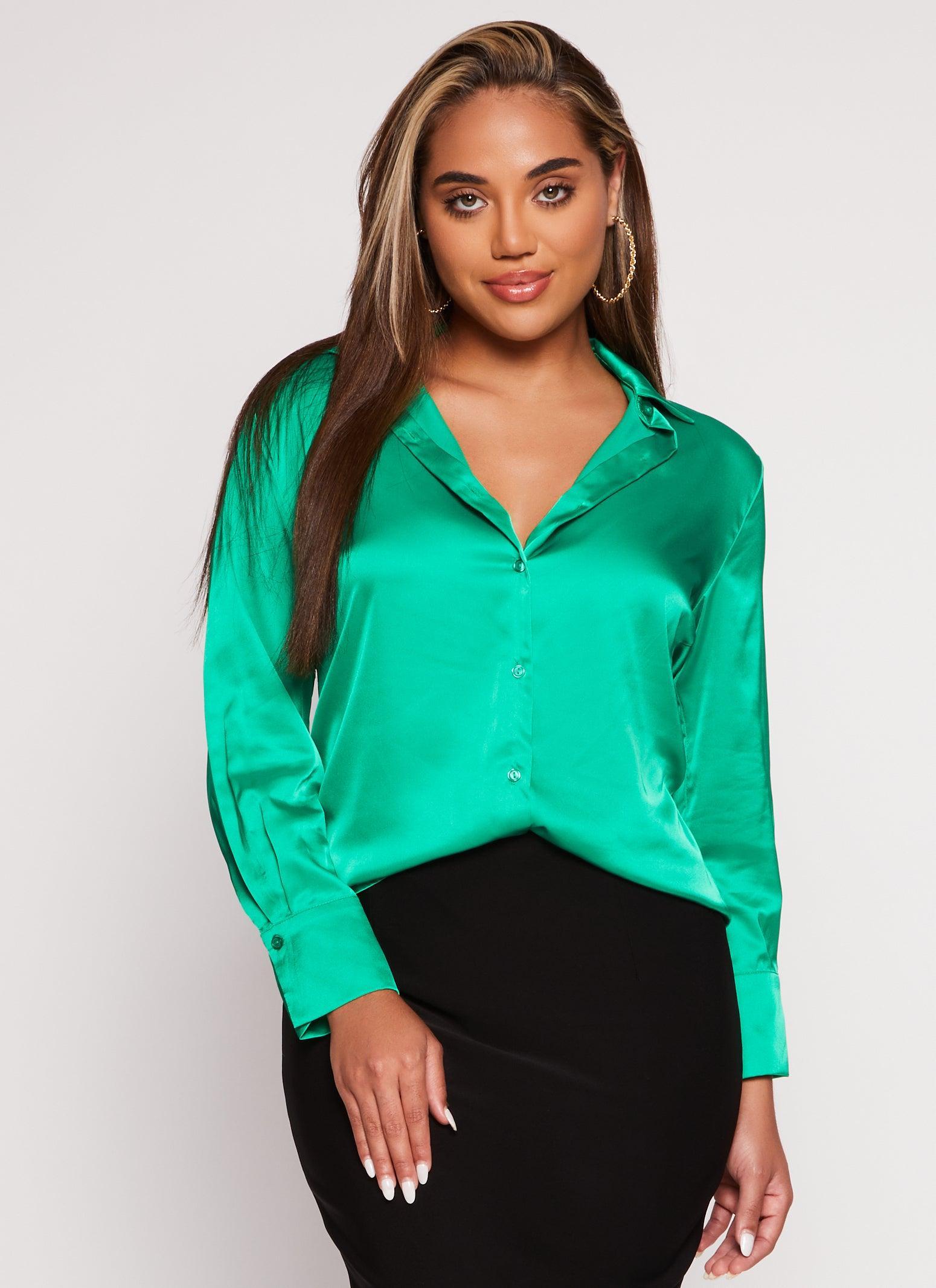 Womens Satin Button Front Long Sleeve Shirt Product Image