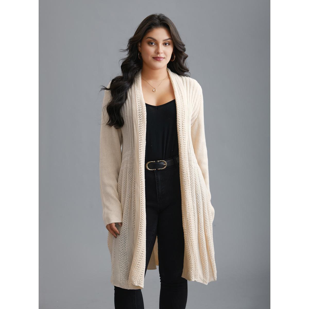 Plus Size Plain Textured Kimono Collar Cardigan Apricot Women Casual Loose Long Sleeve Everyday Cardigans BloomChic 28/5X Product Image