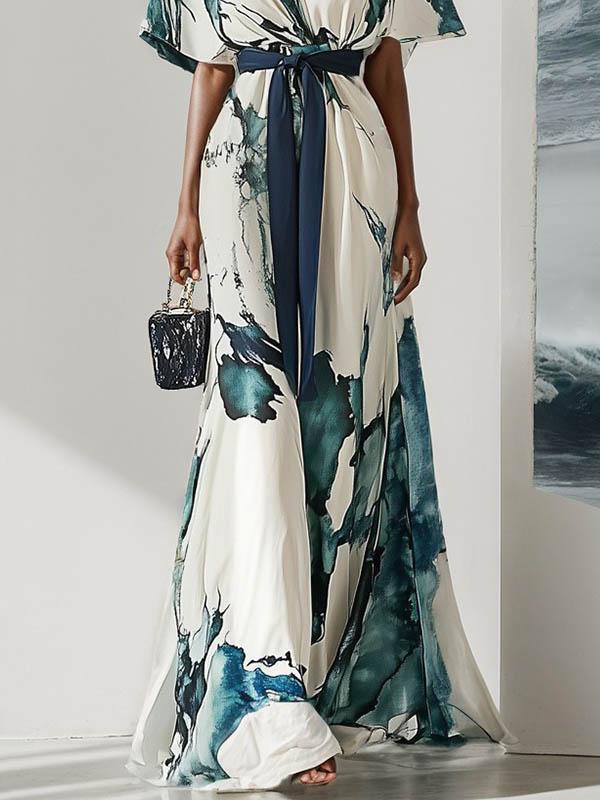 Batwing Sleeves Loose Printed Tied Waist V-Neck Evening Dresses Maxi Dresses Product Image
