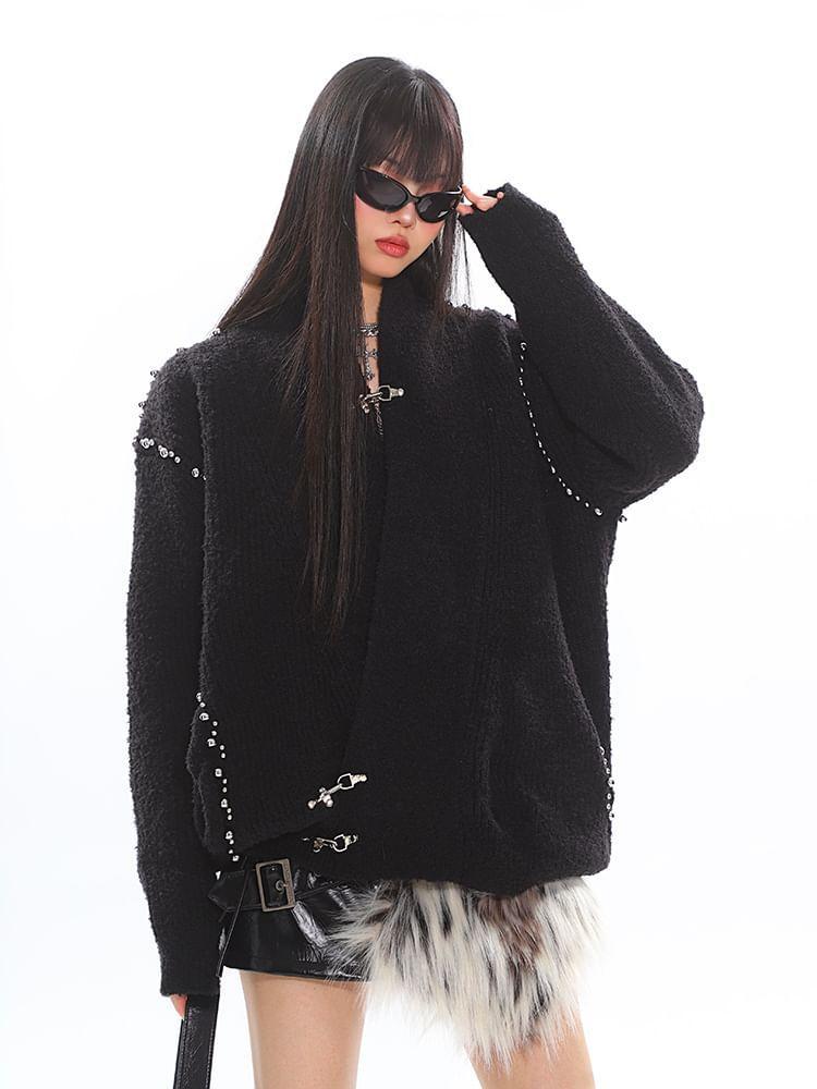 V-Neck Plain Beaded Buckle Cardigan Product Image