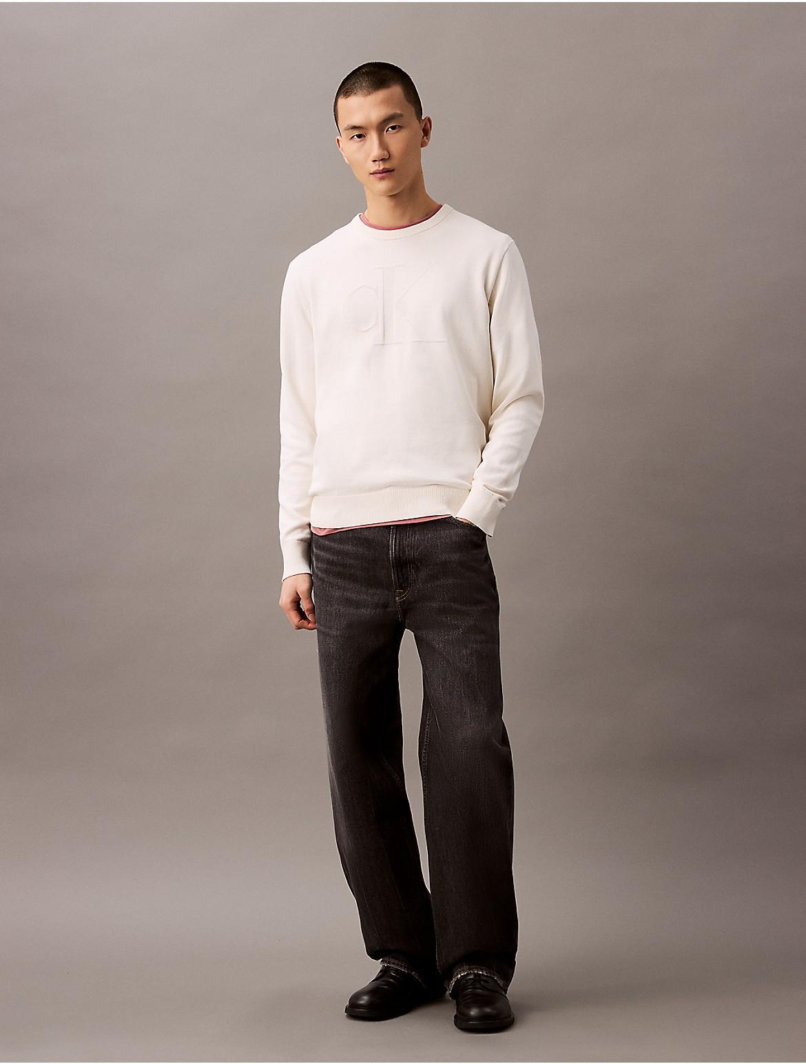 Calvin Klein Men's Smooth Cotton Monogram Logo Sweater - White - S Product Image